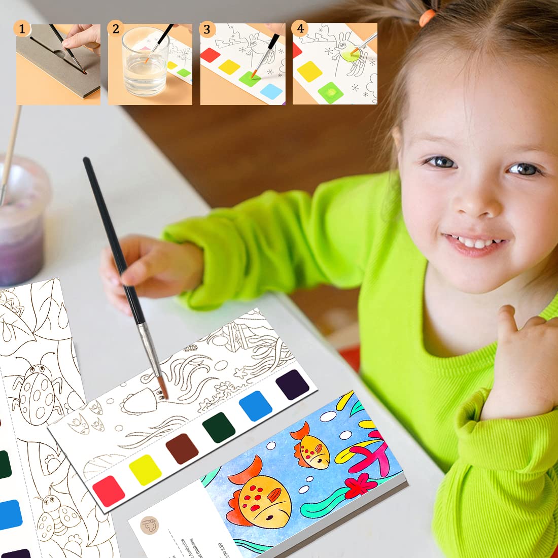 JUNQIU Watercolor Coloring Books for Kids 4-8 | Pocket Painting Set with Brushes & Paints