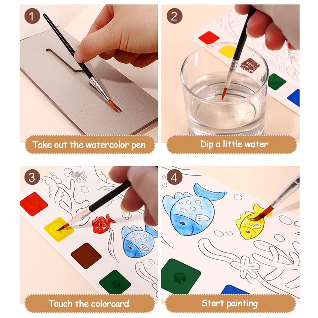JUNQIU Watercolor Coloring Books for Kids 4-8 | Pocket Painting Set with Brushes & Paints