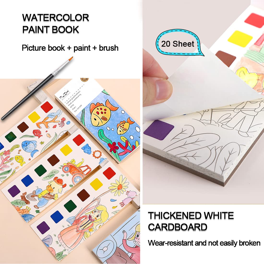 JUNQIU Watercolor Coloring Books for Kids 4-8 | Pocket Painting Set with Brushes & Paints