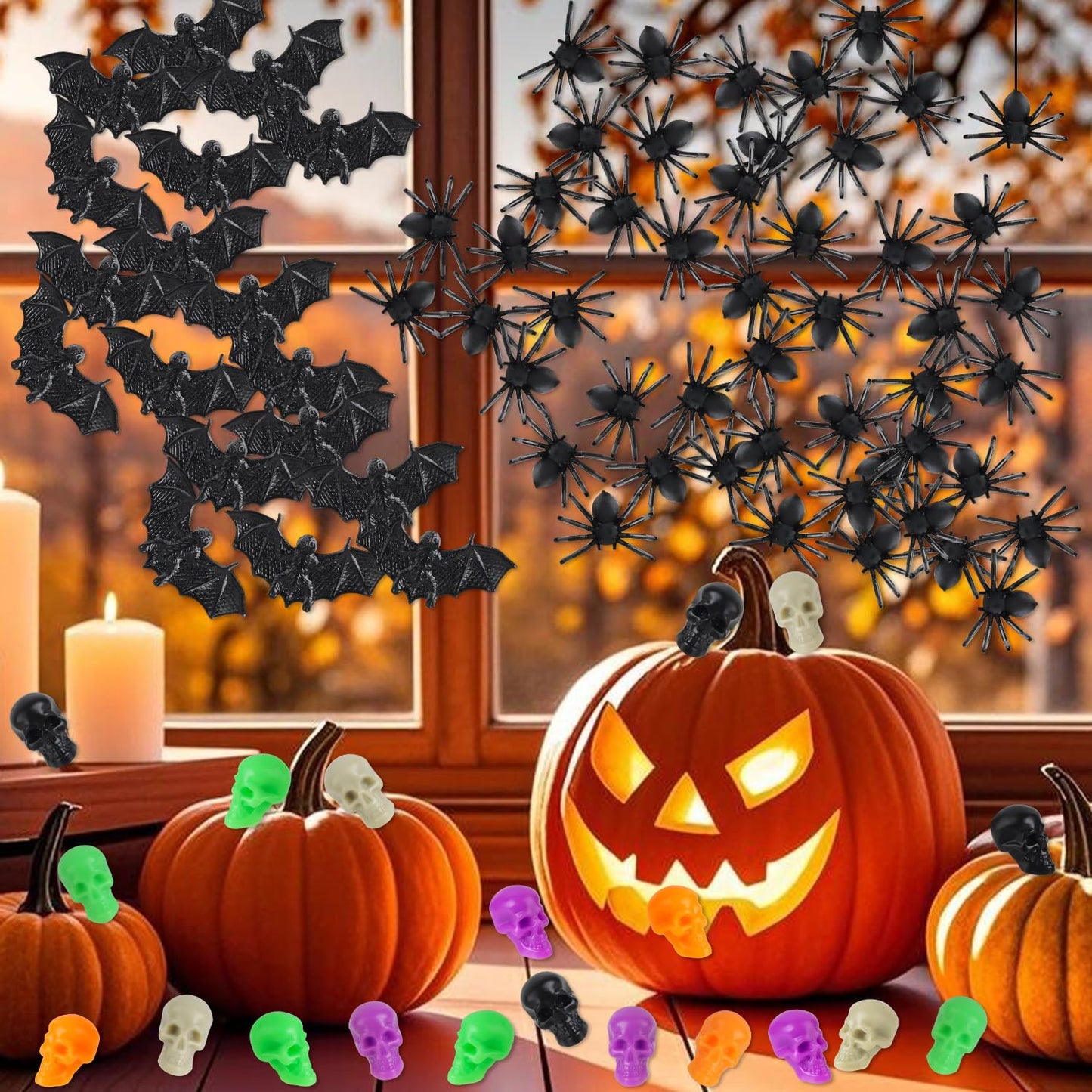 Junware 180Pcs Halloween Mini Decor Set – Skull Heads, Bats & Spiders