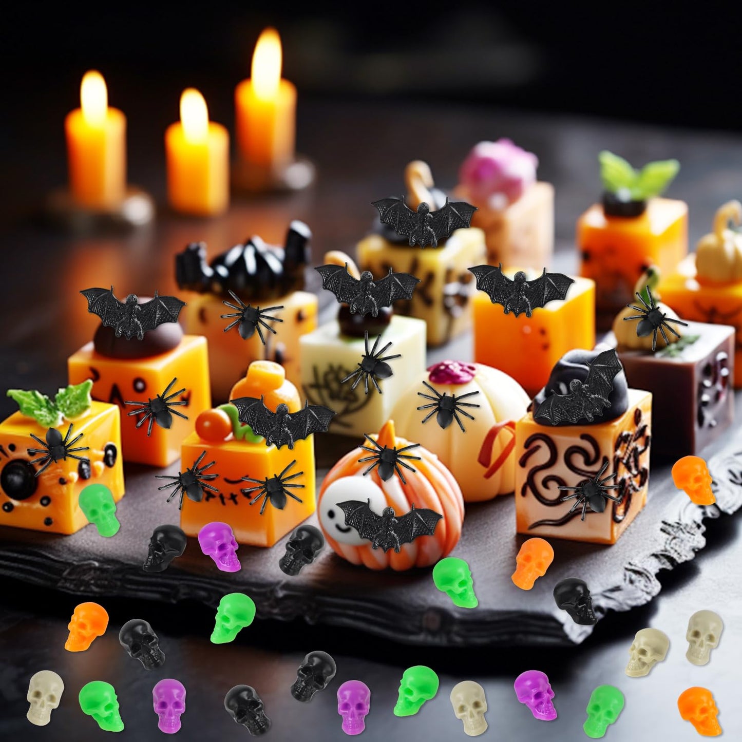 Junware 180Pcs Halloween Mini Decor Set – Skull Heads, Bats & Spiders