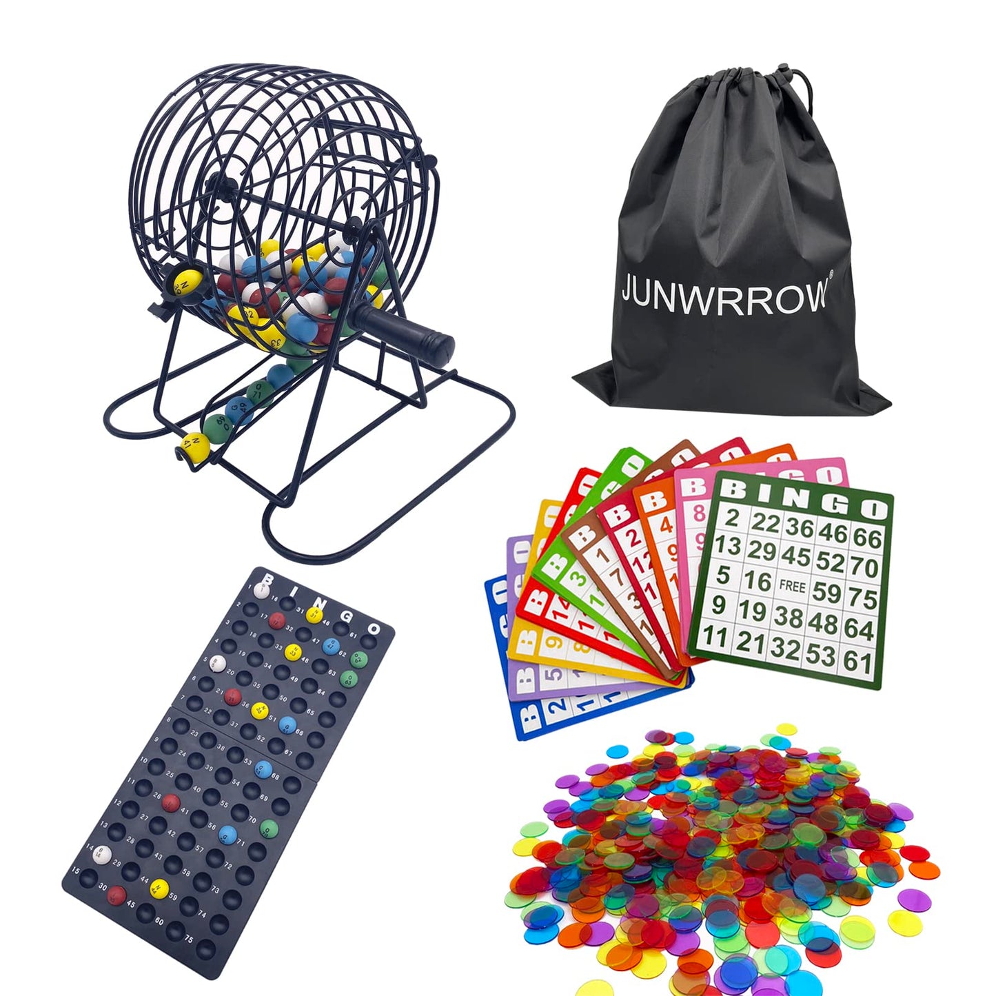 JUNWRROW Deluxe Bingo Game Set – 1000 Chips, 100 Cards, 75 Balls, 6-Inch Cage