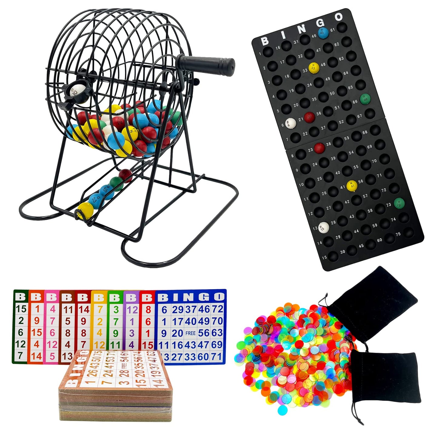 JUNWRROW Deluxe Bingo Game Set – 6-Inch Cage, 600 Chips, 100 Cards, 75 Balls, Master Board