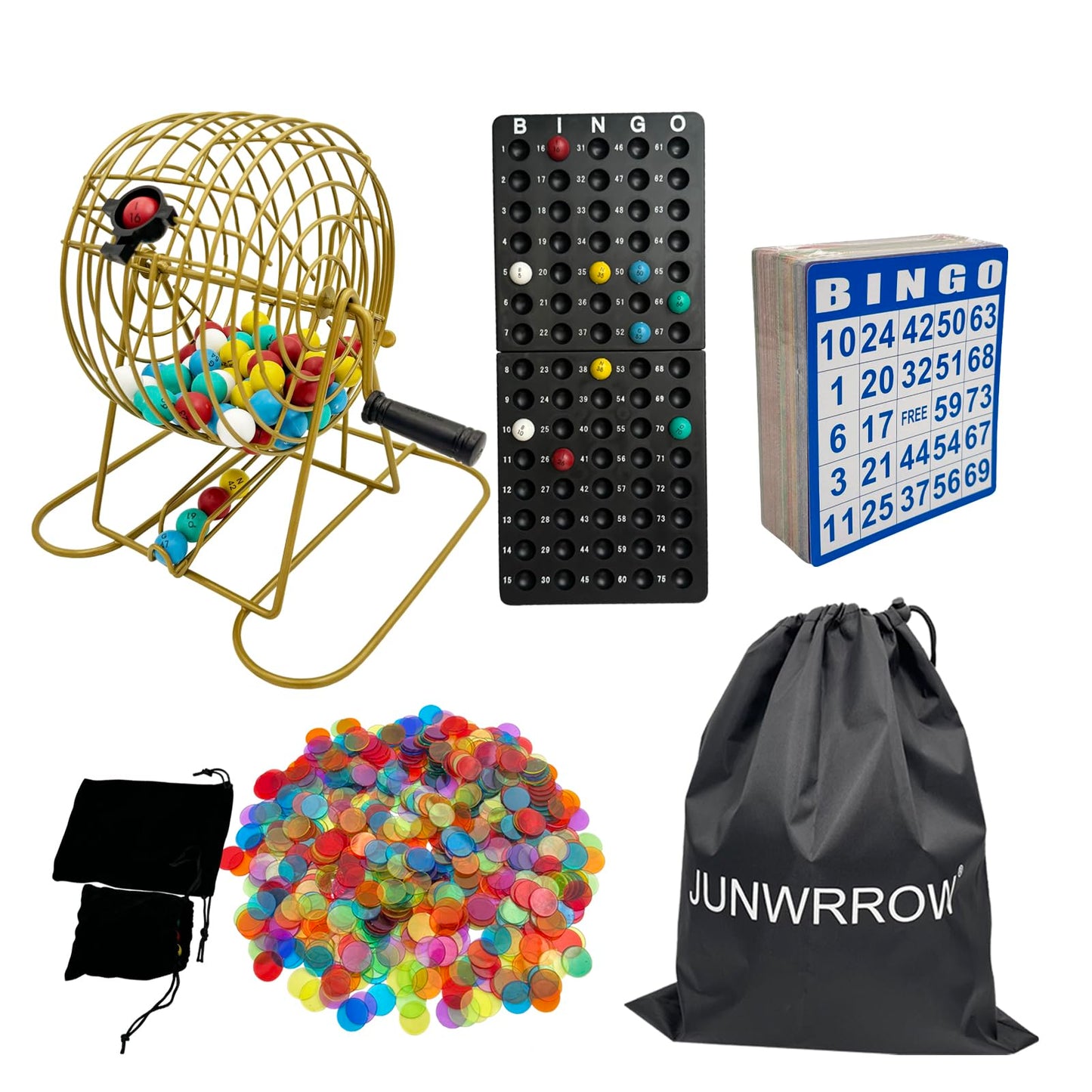 JUNWRROW Deluxe Bingo Set – Antique Gold Cage, 100 Cards, 600 Chips, 75 Balls, Master Board & Bags
