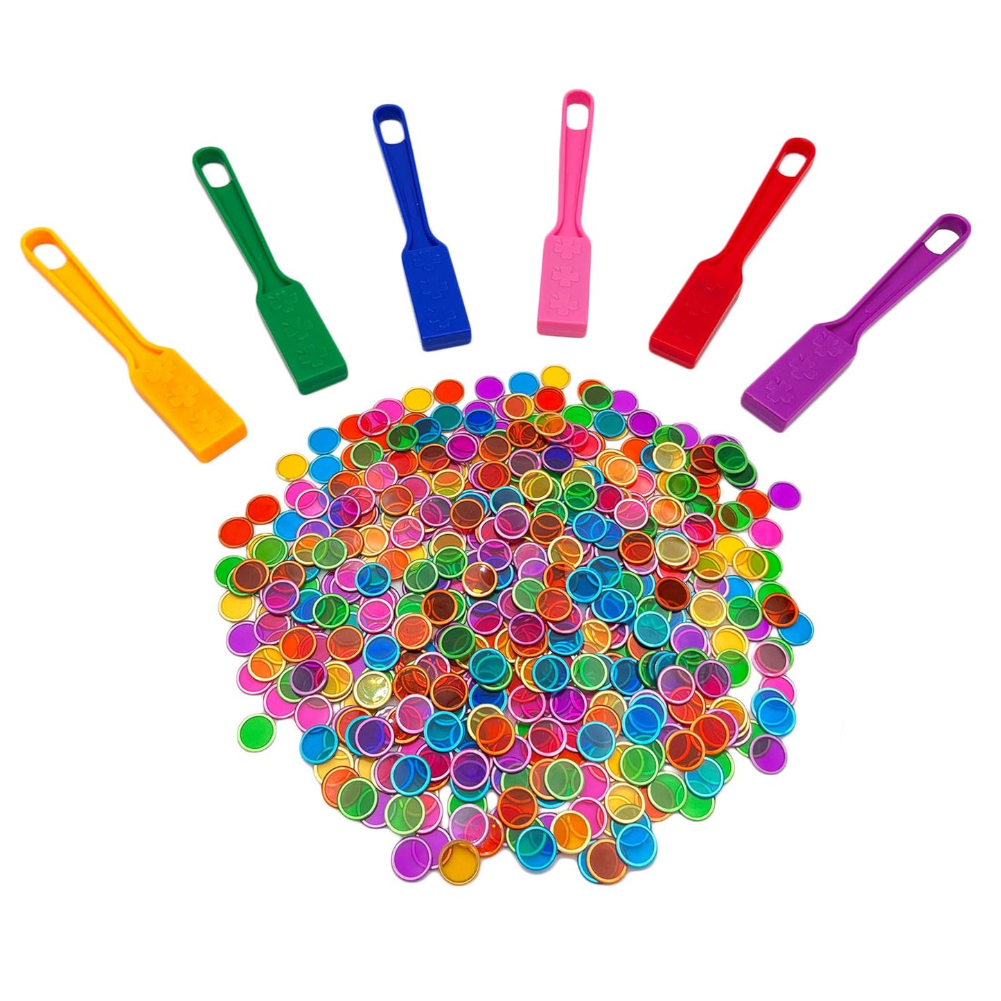 JUNWRROW Magnetic Bingo Wand with Chips – 6-Pack, 600 Rainbow Metal Chips, 6-Color Set for Group Games