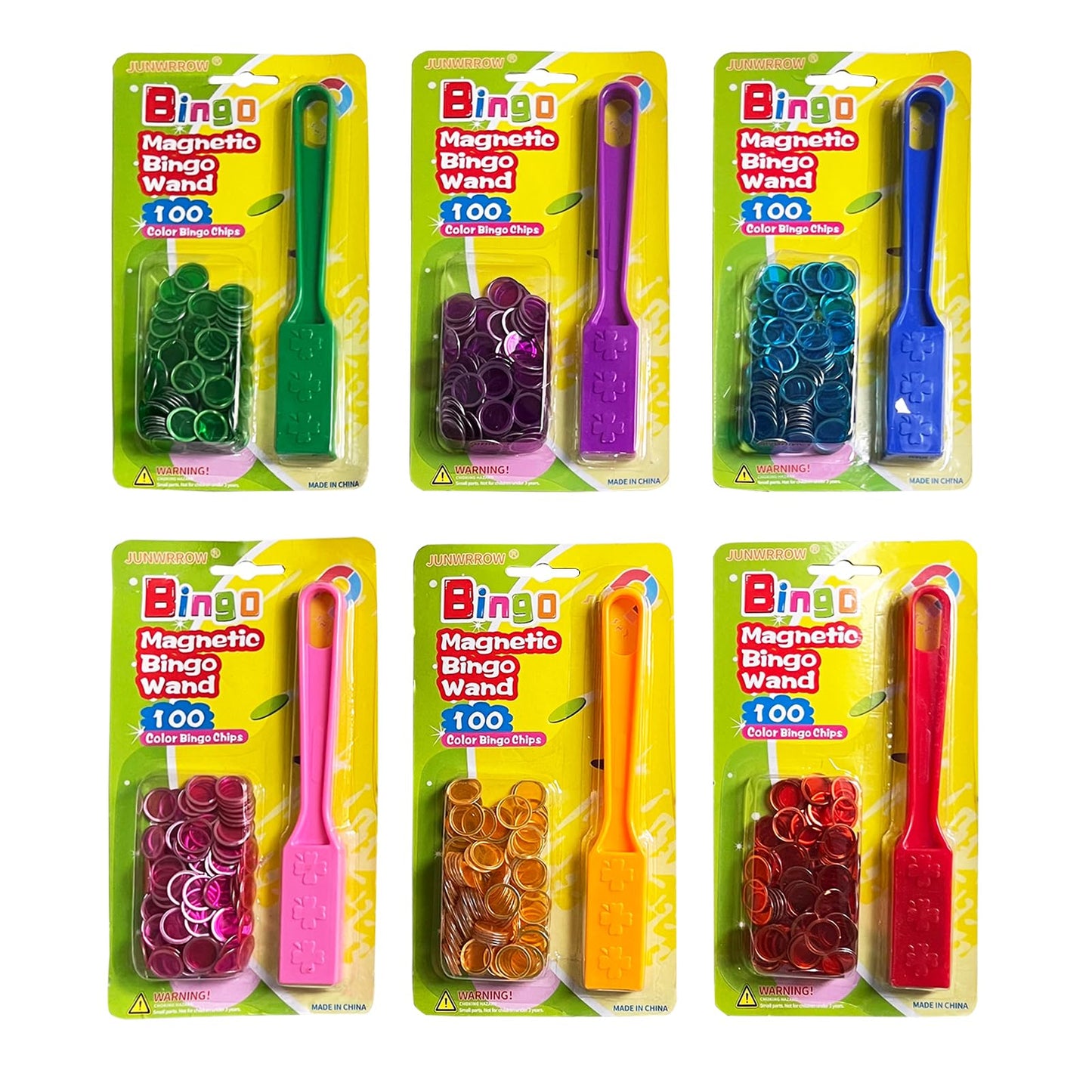 JUNWRROW Magnetic Bingo Wand with Chips – 6-Pack, 600 Rainbow Metal Chips, 6-Color Set for Group Games
