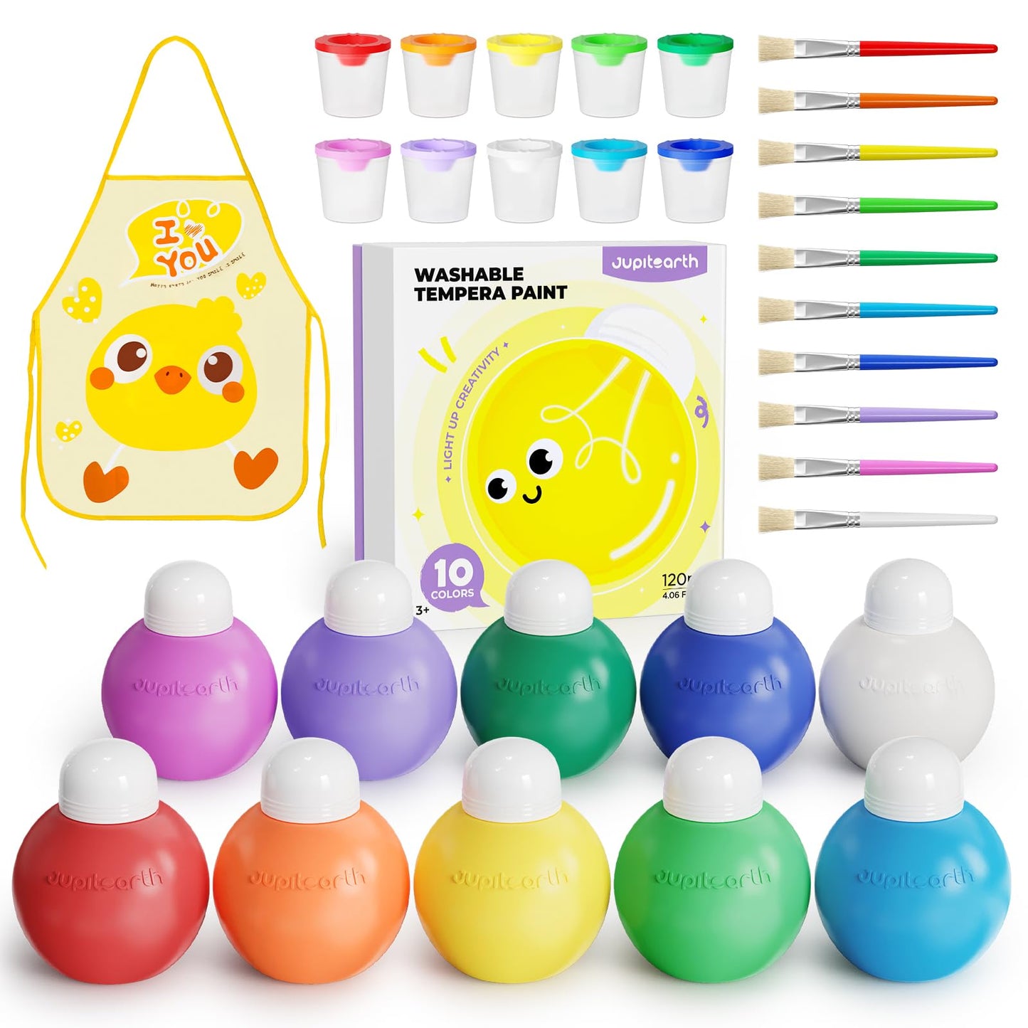 JUPITEARTH 10 Colors Washable Tempera Paint Set - Non-Toxic Kids Paint with Brush, Cups, and Smock