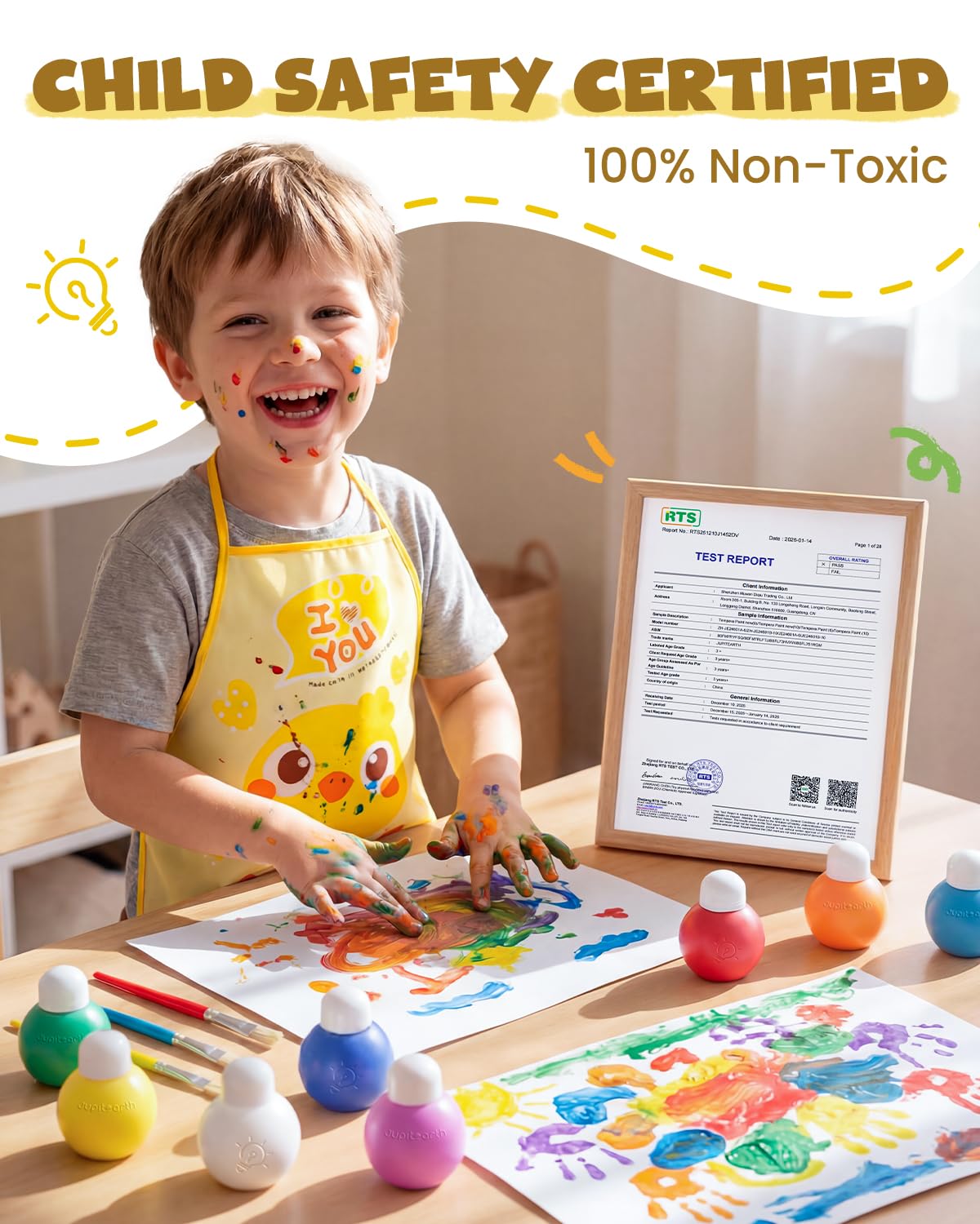 JUPITEARTH 10 Colors Washable Tempera Paint Set - Non-Toxic Kids Paint with Brush, Cups, and Smock