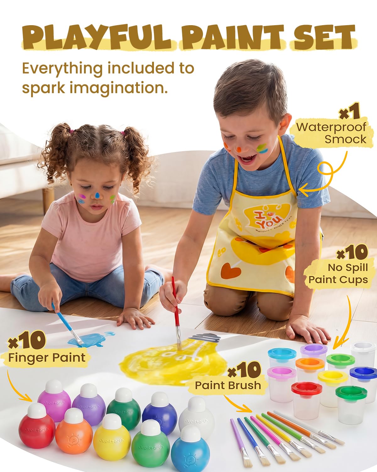 JUPITEARTH 10 Colors Washable Tempera Paint Set - Non-Toxic Kids Paint with Brush, Cups, and Smock