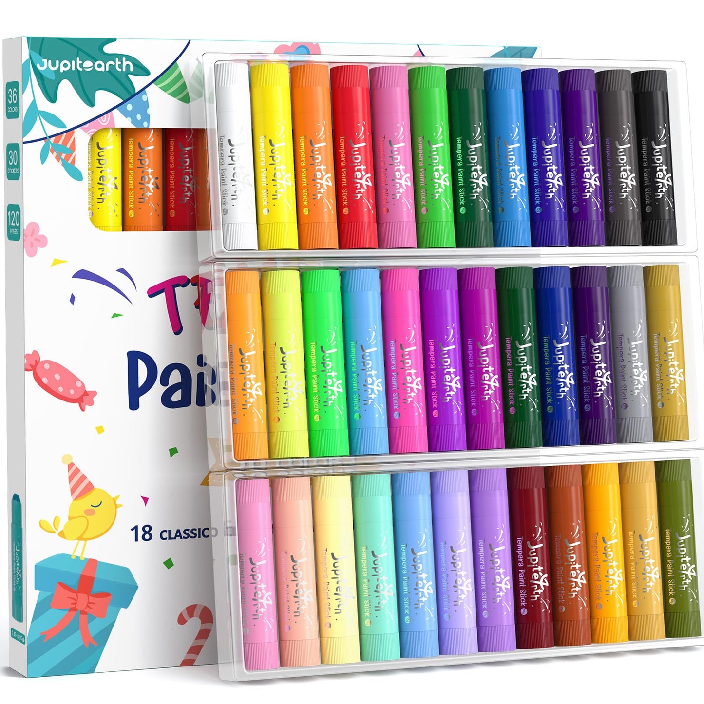 JUPITEARTH 36 Colors Tempera Paint Sticks with 120 PDF Coloring Pages & 30 Stickers – Quick-Dry, Non-Toxic, Washable