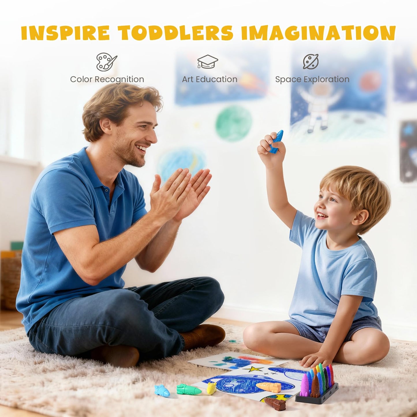 JUPITEARTH 12 Colors Crayons for Toddlers – Non-Toxic, Washable, Rocket-Shaped, Mess-Free