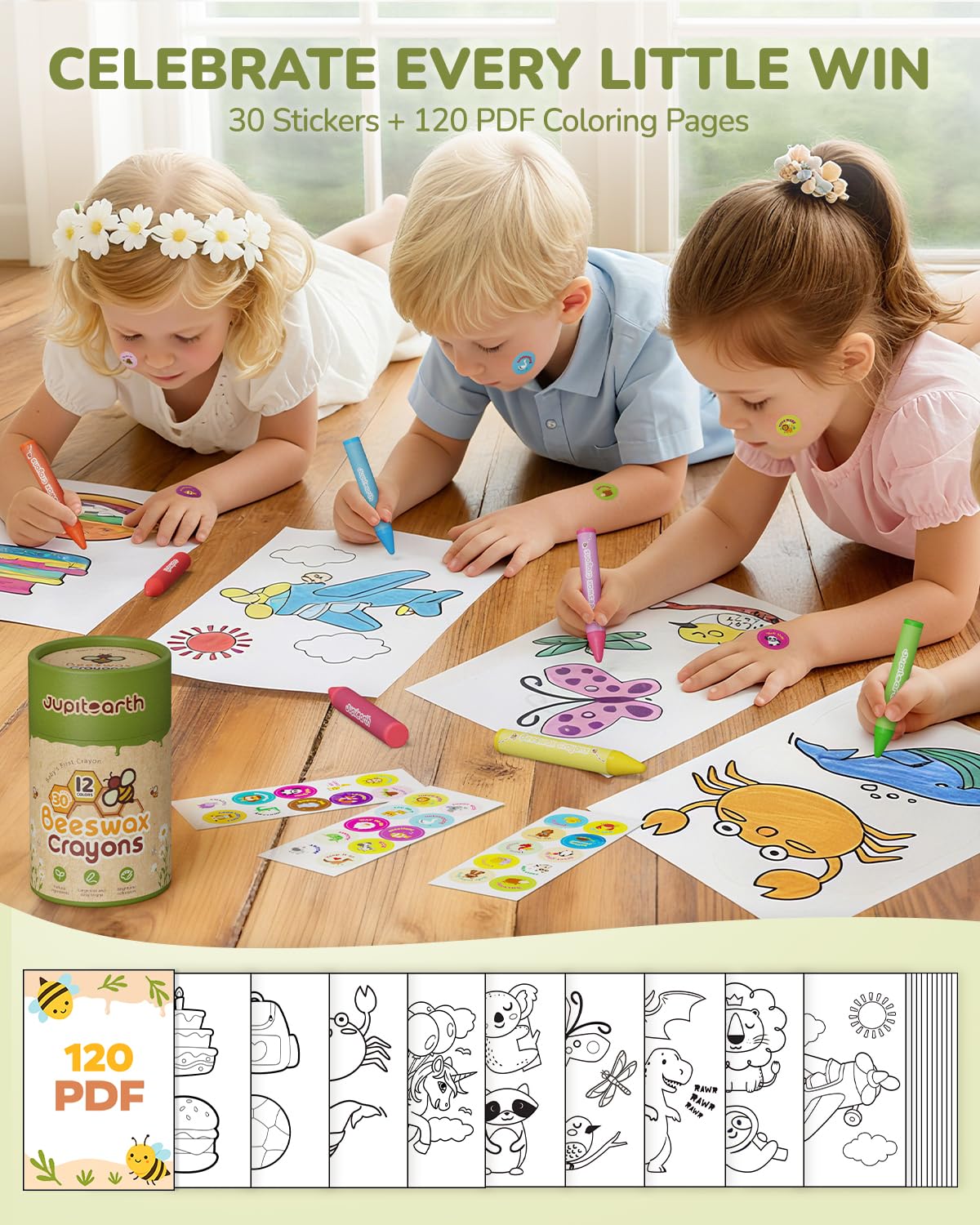 JUPITEARTH Beeswax Crayons for Toddlers 1–3 | 12 Jumbo Non-Toxic Washable Crayons
