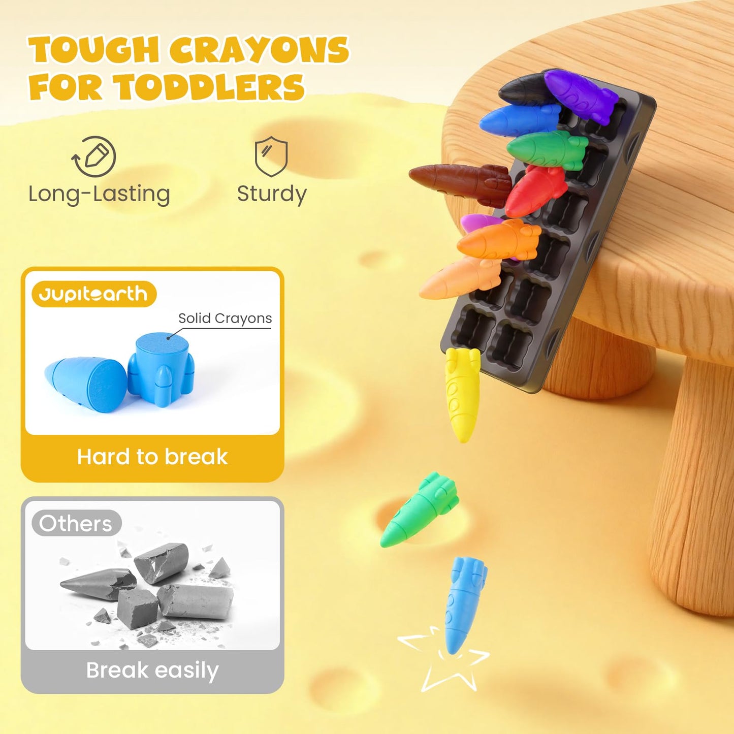 JUPITEARTH 12 Colors Crayons for Toddlers – Non-Toxic, Washable, Rocket-Shaped, Mess-Free