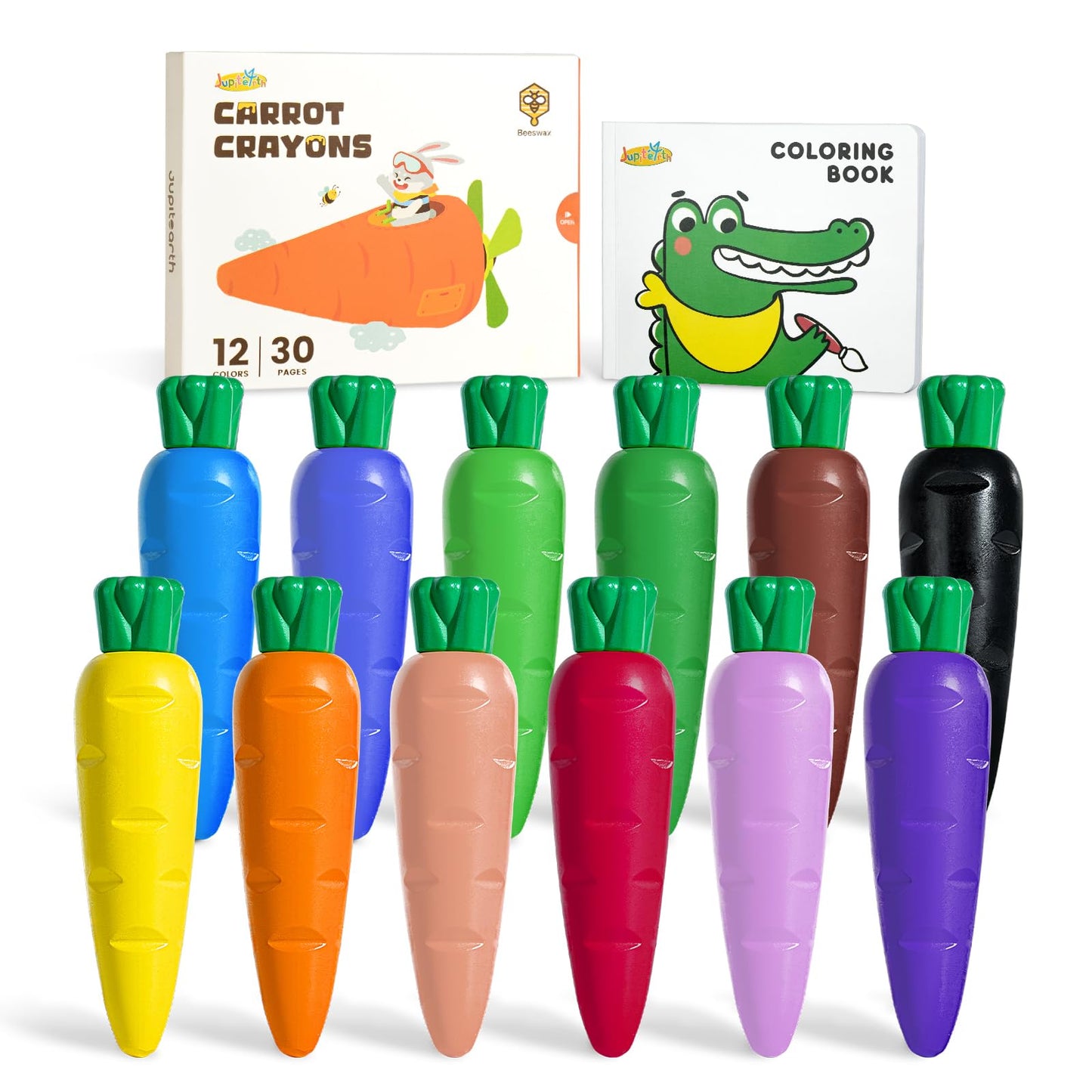 JUPITEARTH Carrot-Shaped Crayons for Kids 4–8 (12 Colors) – Mess-Free Color Play with Coloring Book + 120 PDF Pages