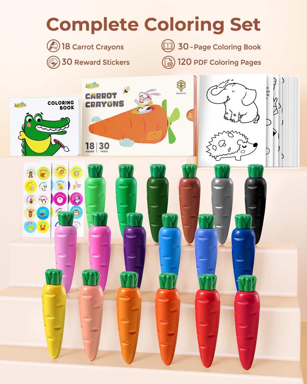 JUPITEARTH Carrot-Shaped Crayons for Kids 4-8 – 18 Colors, Mess-Free, Coloring Book & 120 PDFs