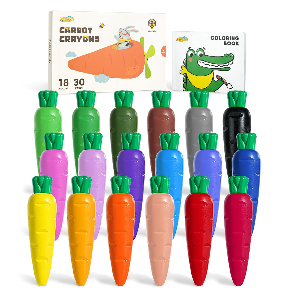 JUPITEARTH Carrot-Shaped Crayons for Kids 4-8 – 18 Colors, Mess-Free, Coloring Book & 120 PDFs