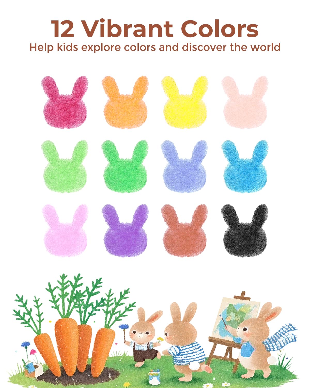 JUPITEARTH Carrot-Shaped Crayons for Kids 4–8 (12 Colors) – Mess-Free Color Play with Coloring Book + 120 PDF Pages