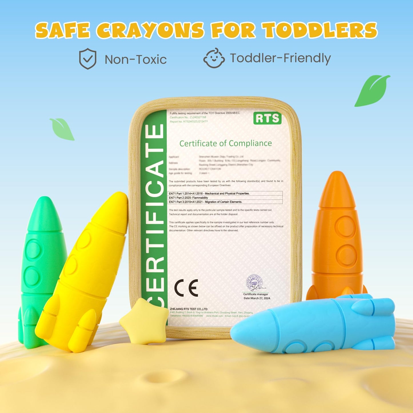 JUPITEARTH 12 Colors Crayons for Toddlers – Non-Toxic, Washable, Rocket-Shaped, Mess-Free