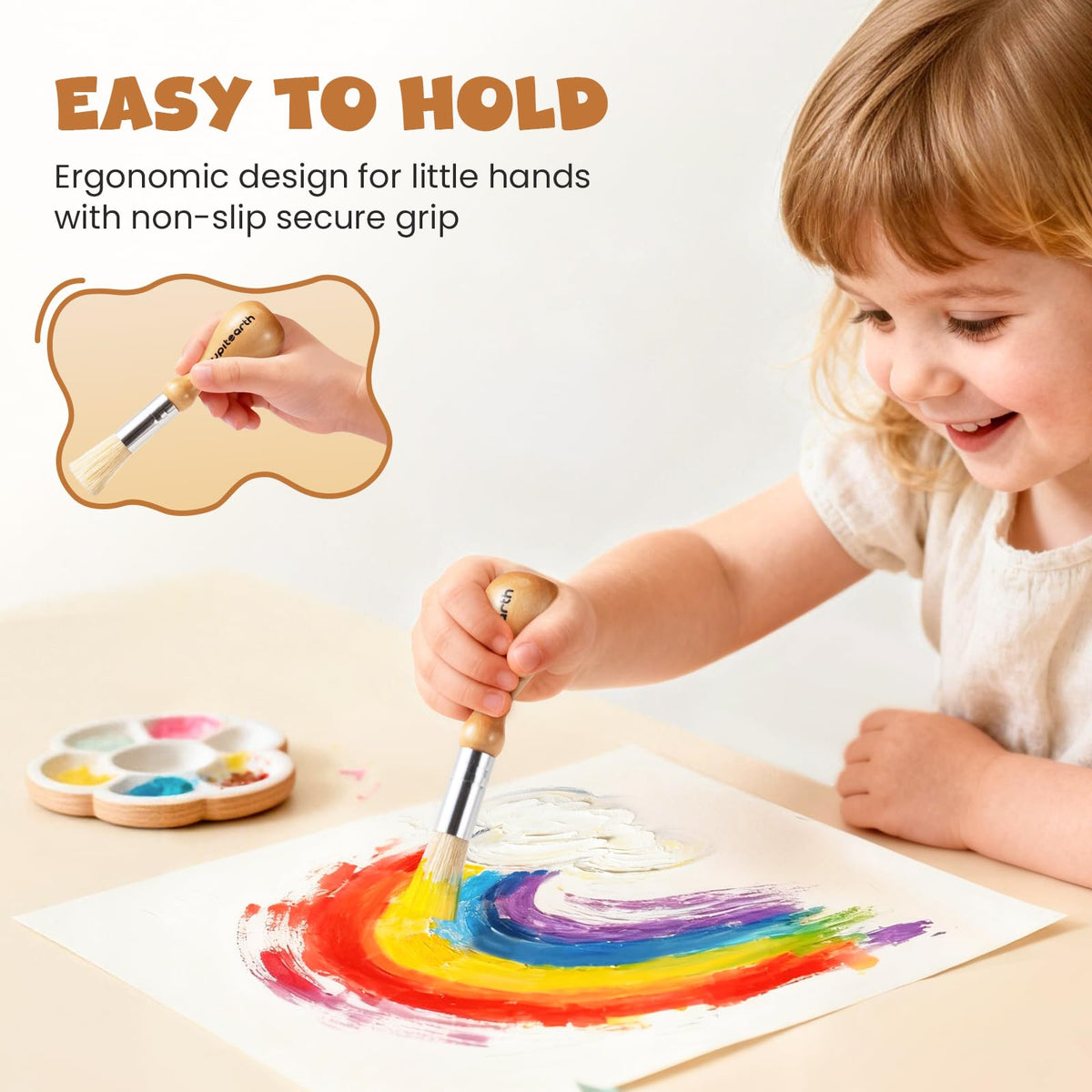 JUPITEARTH Jumbo Kids Paint Brushes – 6 Pcs Easy-Grip Round & Sponge Brushes with Natural Wood Handles