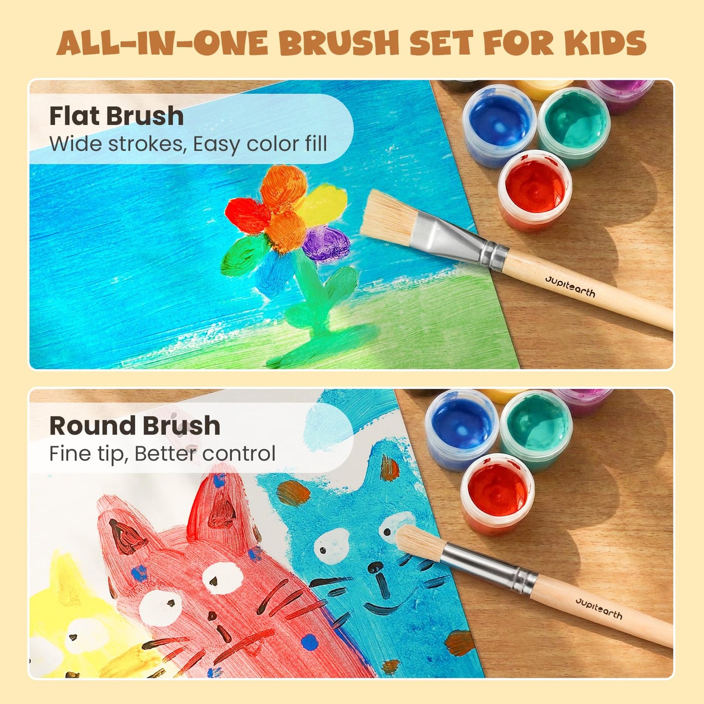 JUPITEARTH Jumbo Paint Brushes for Kids – 10 Pcs Round & Flat with Natural Wood Handles (Washable & Acrylic Paint)