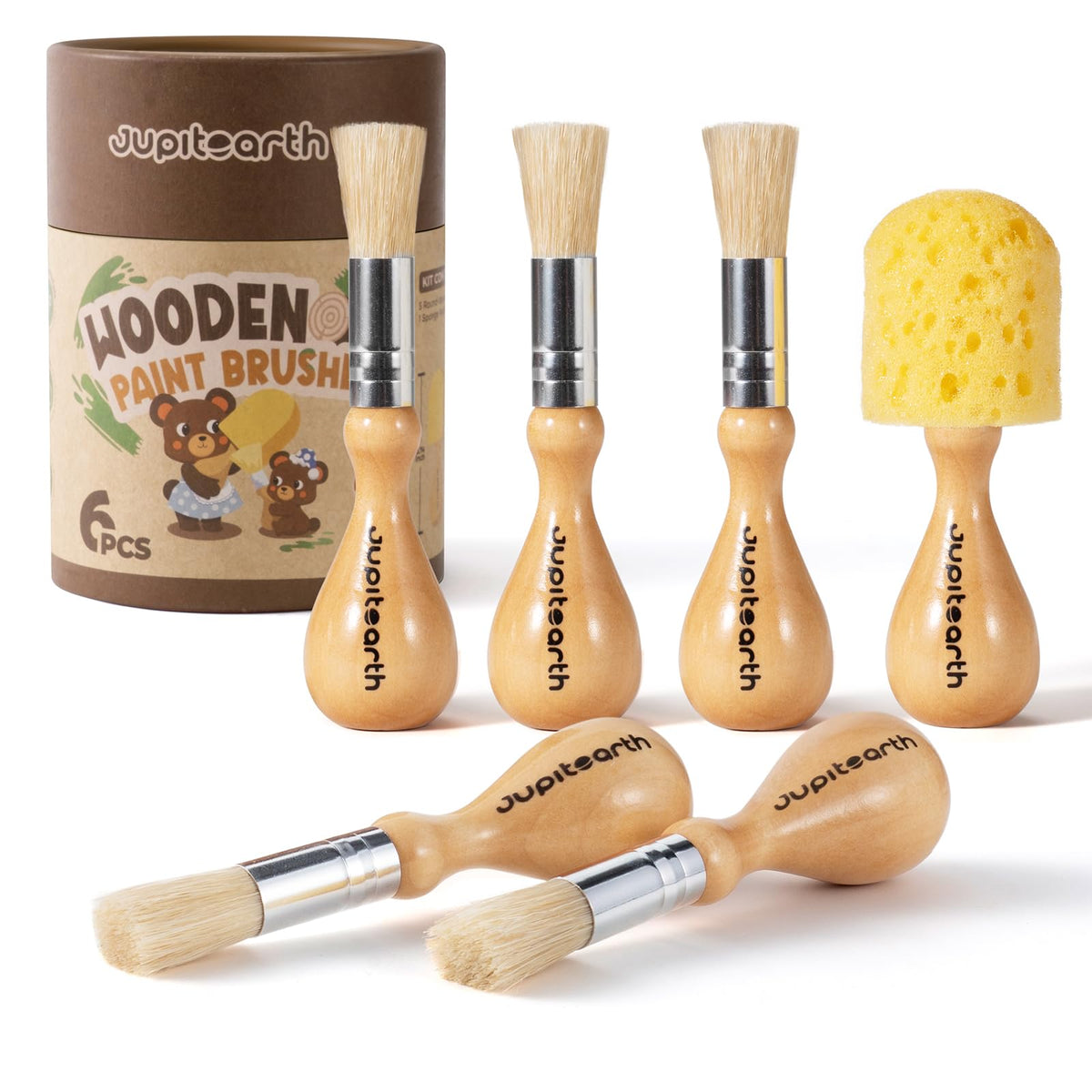 JUPITEARTH Jumbo Kids Paint Brushes – 6 Pcs Easy-Grip Round & Sponge Brushes with Natural Wood Handles