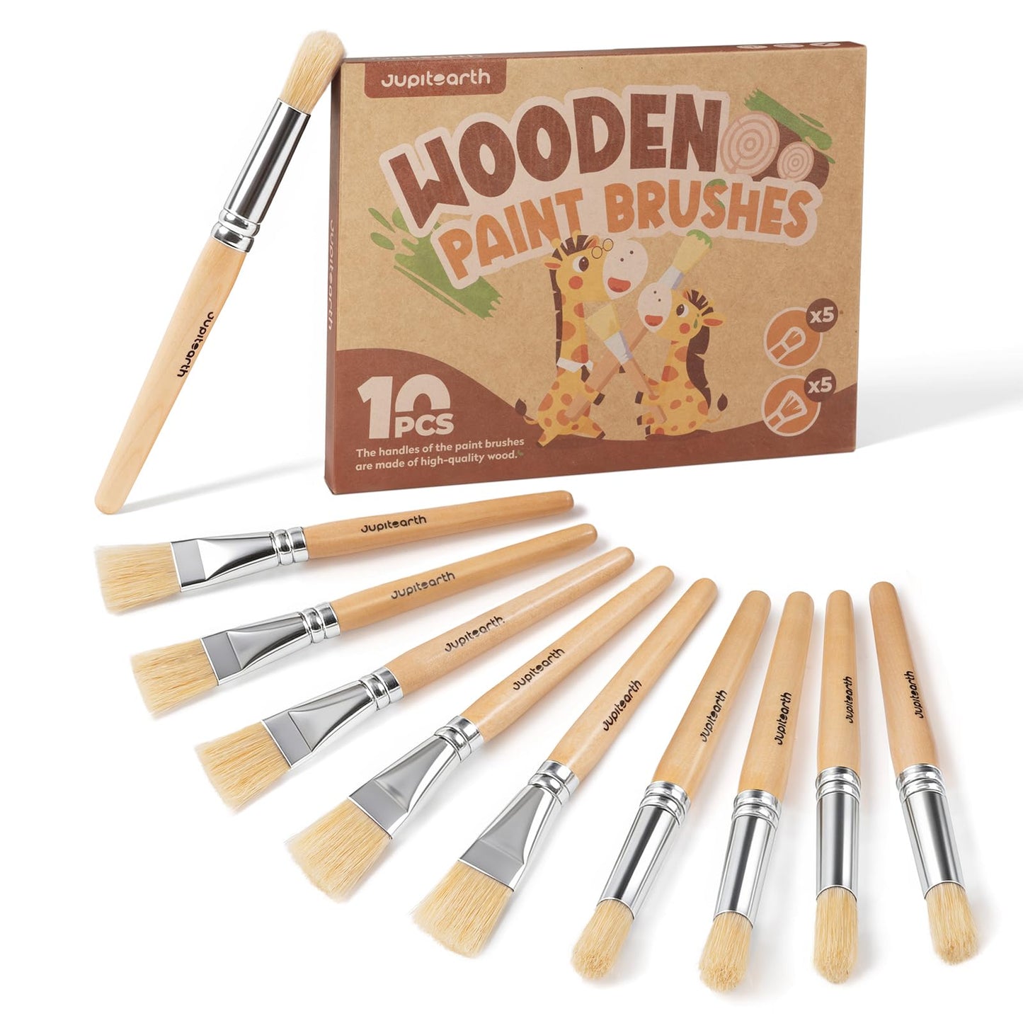 JUPITEARTH Jumbo Paint Brushes for Kids – 10 Pcs Round & Flat with Natural Wood Handles (Washable & Acrylic Paint)