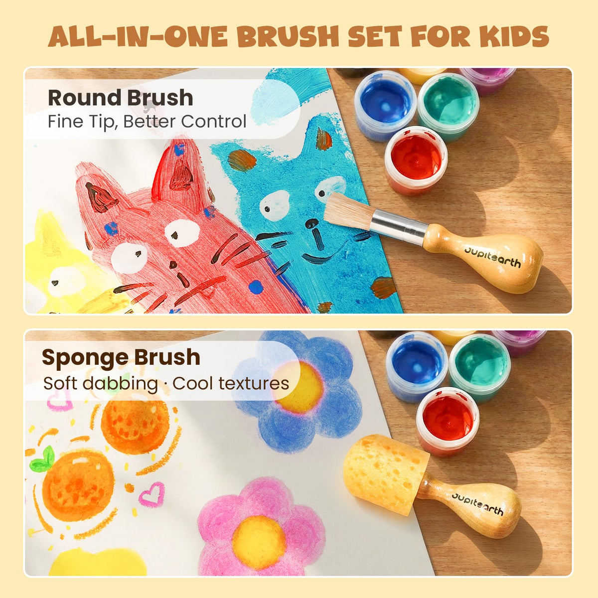 JUPITEARTH Jumbo Kids Paint Brushes – 6 Pcs Easy-Grip Round & Sponge Brushes with Natural Wood Handles