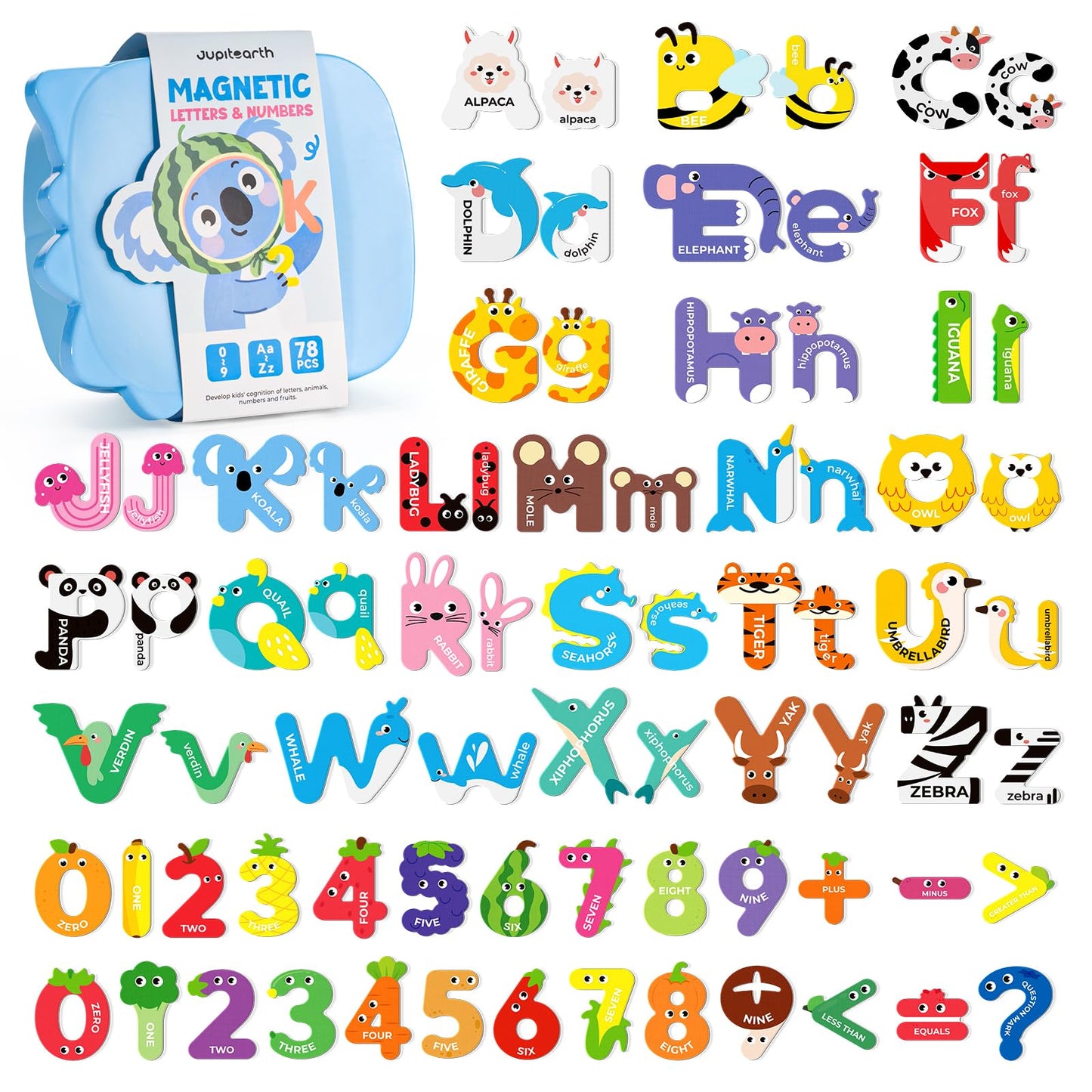 JUPITEARTH 78 PCS Magnetic Letters – Large Animal Alphabet Magnets for Fridge (Uppercase & Lowercase)