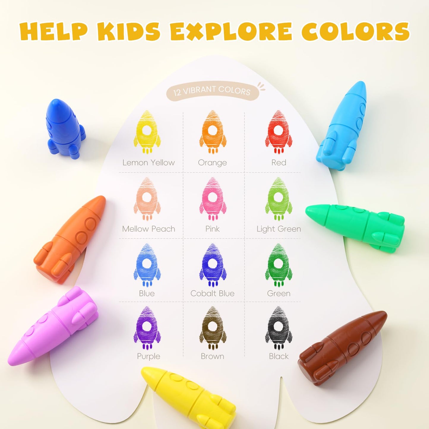 JUPITEARTH 12 Colors Crayons for Toddlers – Non-Toxic, Washable, Rocket-Shaped, Mess-Free