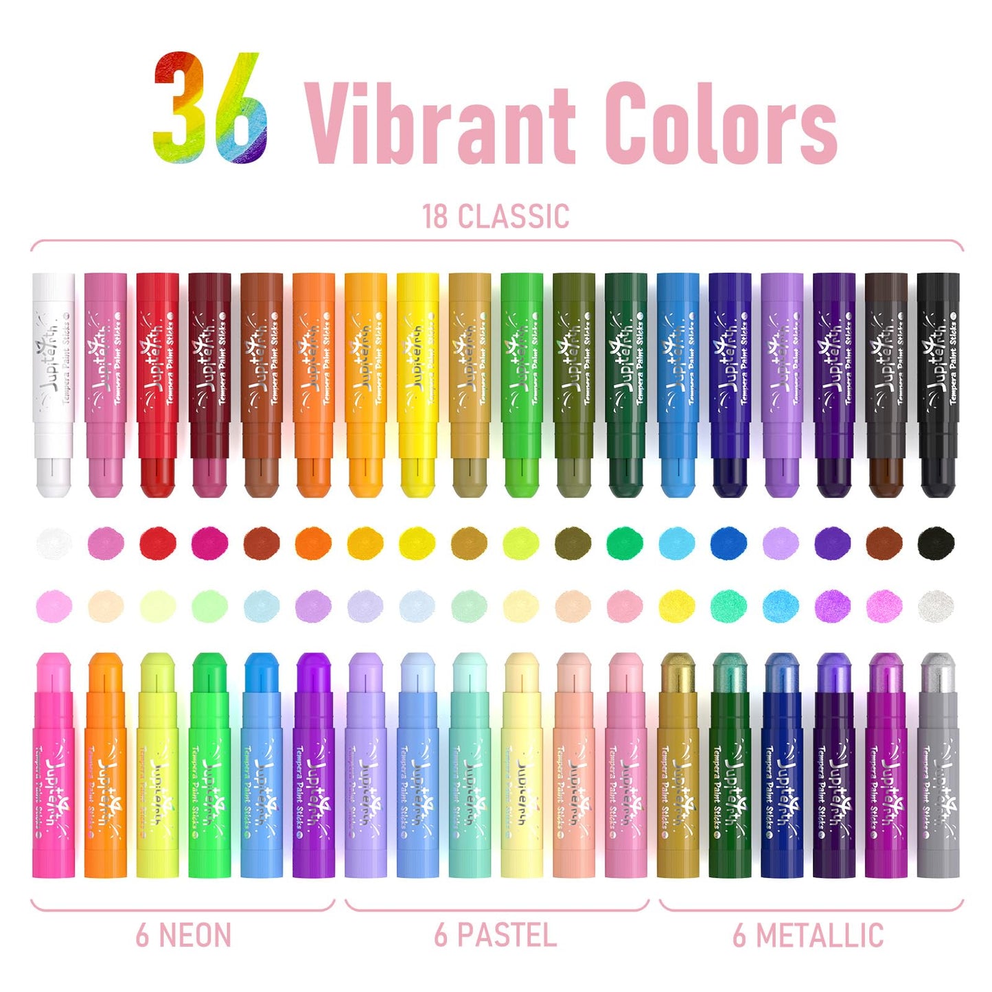 JUPITEARTH 36 Colors Tempera Paint Sticks with 120 PDF Coloring Pages & 30 Stickers – Quick-Dry, Non-Toxic, Washable