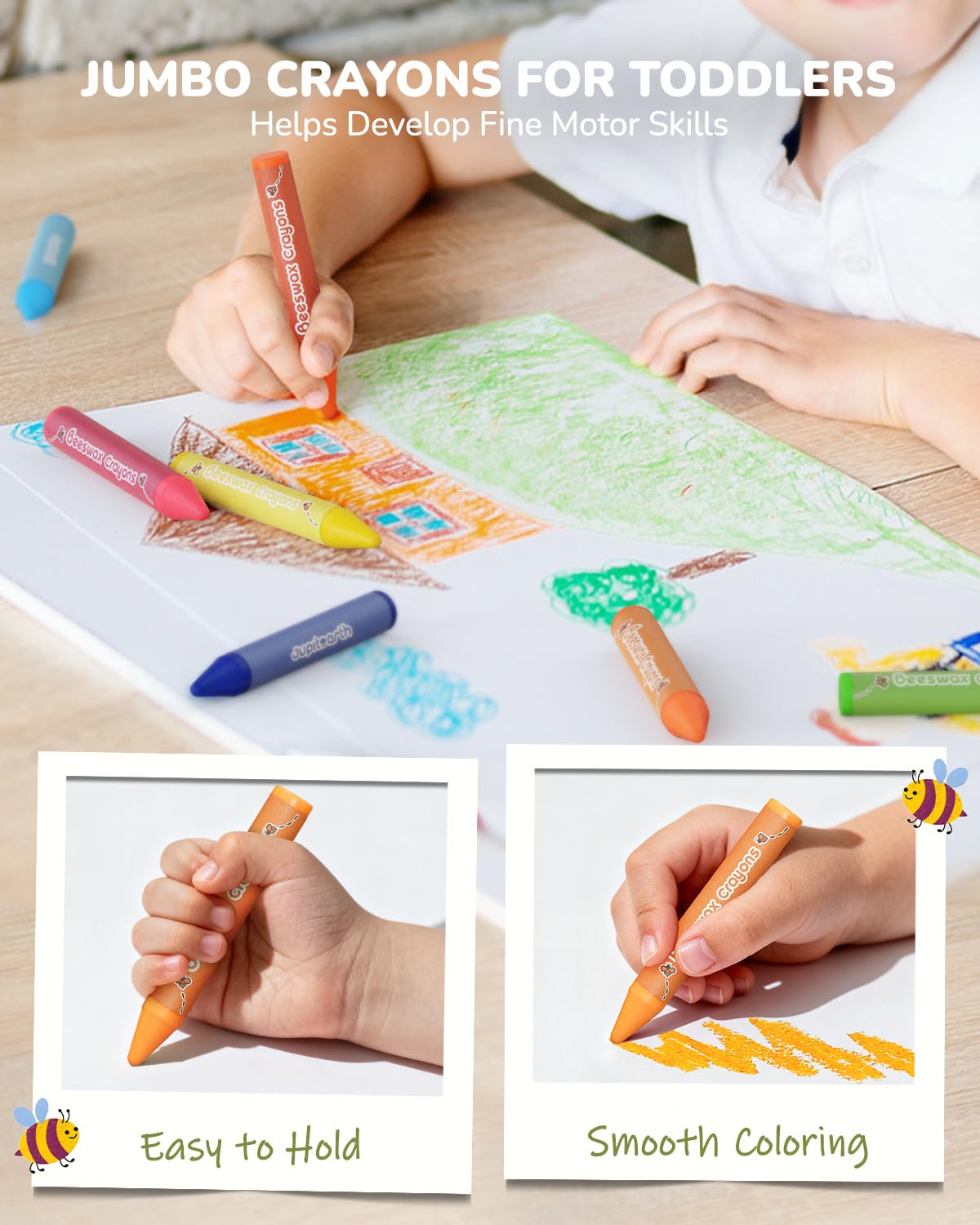 JUPITEARTH Beeswax Crayons for Toddlers 1–3 | 12 Jumbo Non-Toxic Washable Crayons