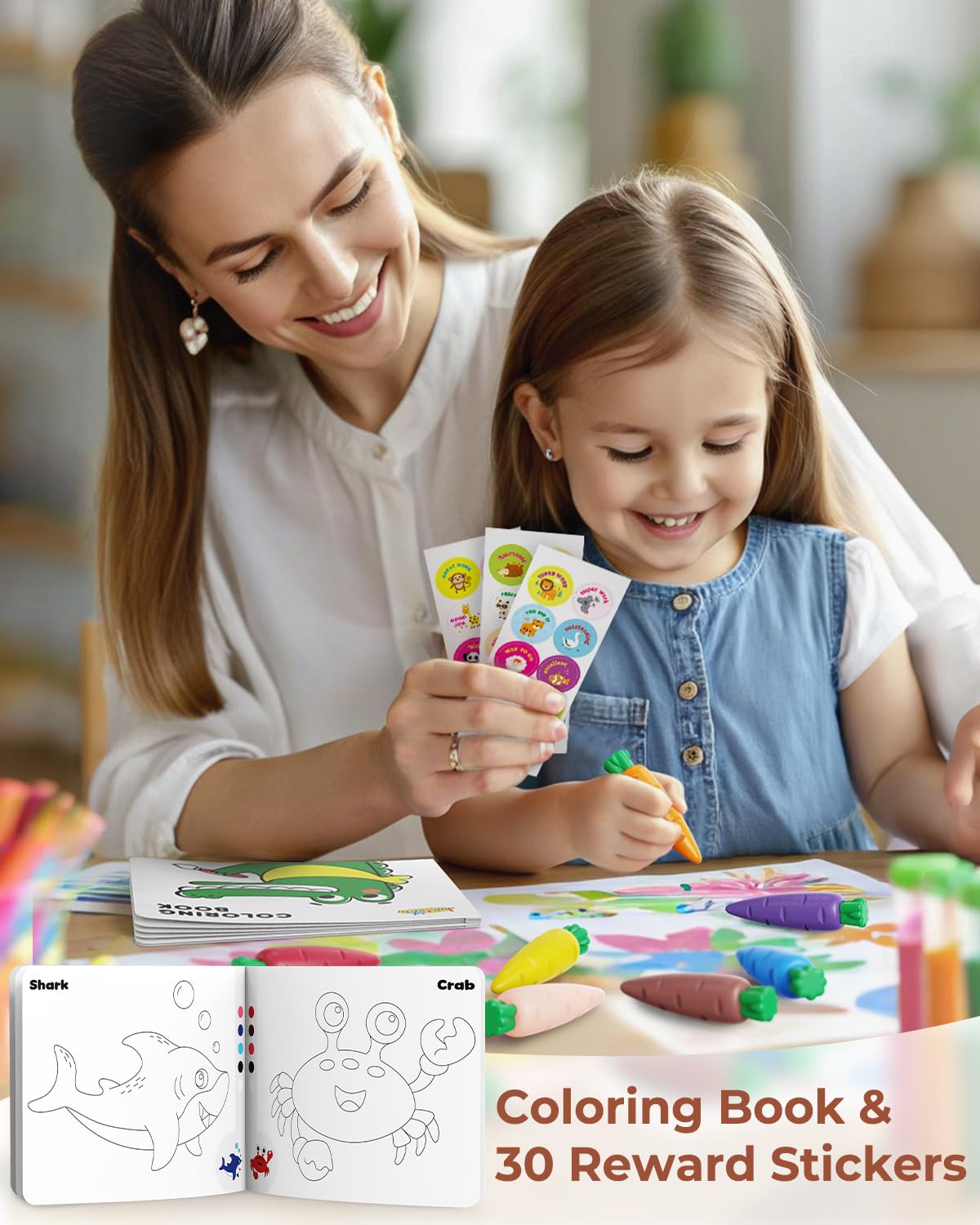 JUPITEARTH Carrot-Shaped Crayons for Kids 4–8 (12 Colors) – Mess-Free Color Play with Coloring Book + 120 PDF Pages