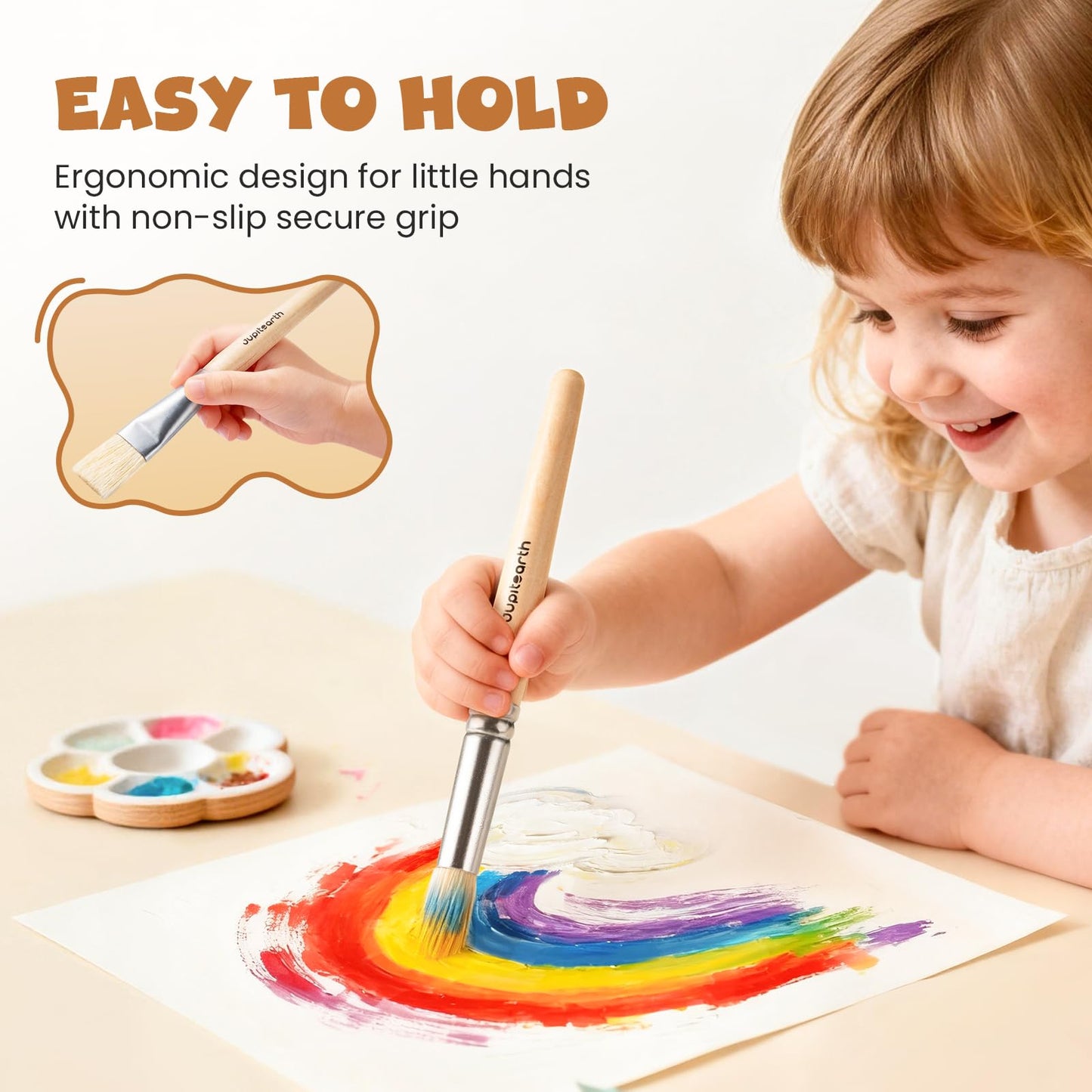 JUPITEARTH Jumbo Paint Brushes for Kids – 10 Pcs Round & Flat with Natural Wood Handles (Washable & Acrylic Paint)