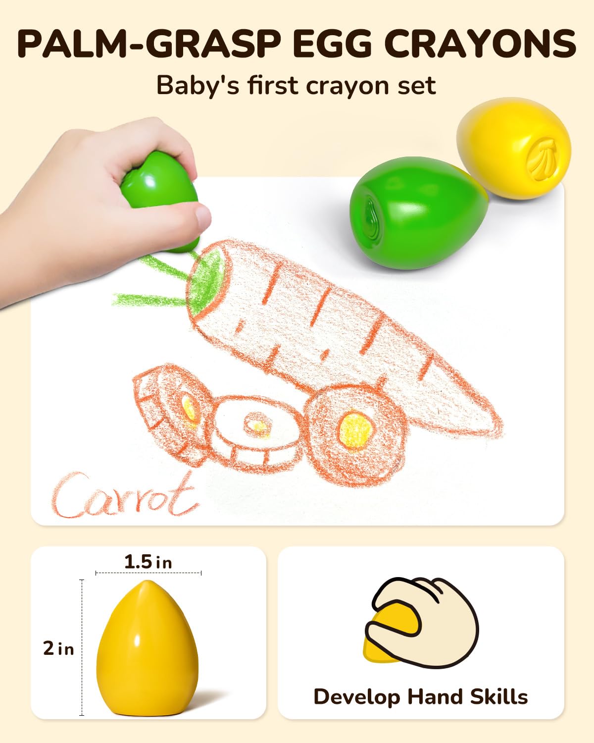 JUPITEARTH 12 Colors Egg Crayons for Toddlers | Non-Toxic & Washable, Palm-Grasp