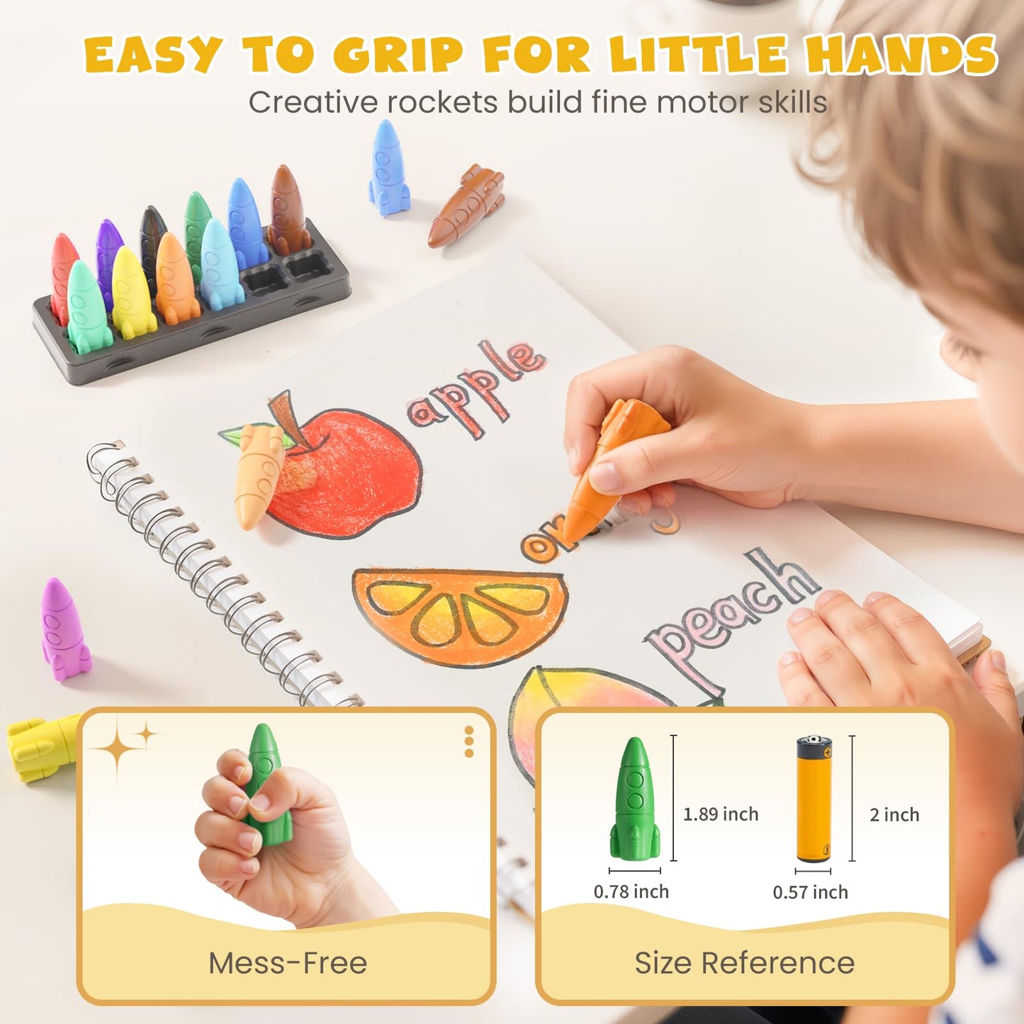 JUPITEARTH 12 Colors Crayons for Toddlers – Non-Toxic, Washable, Rocket-Shaped, Mess-Free