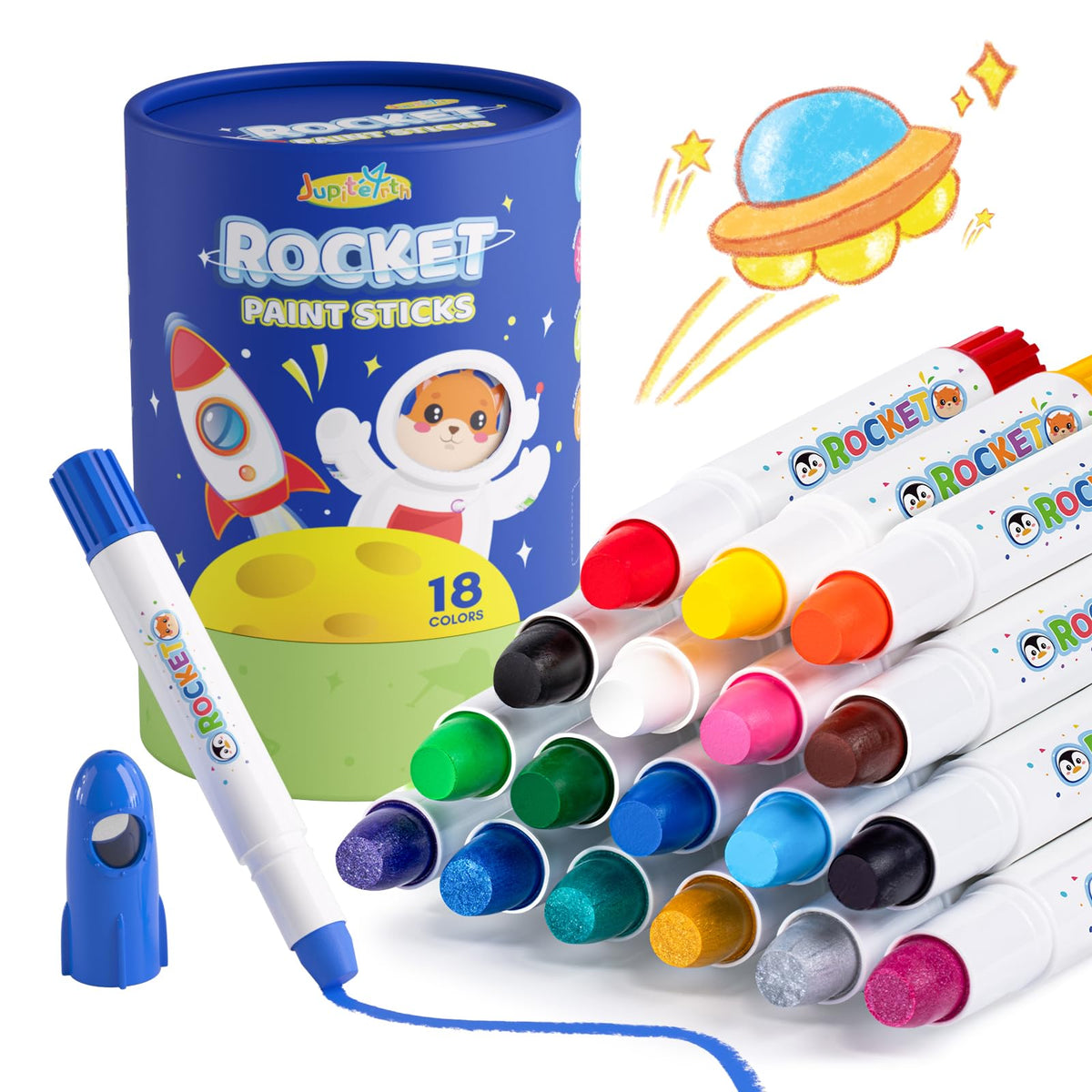 JUPITEARTH 18 Colors Rocket Tempera Paint Sticks – Quick-Dry, Non-Toxic & Washable for Kids and Students