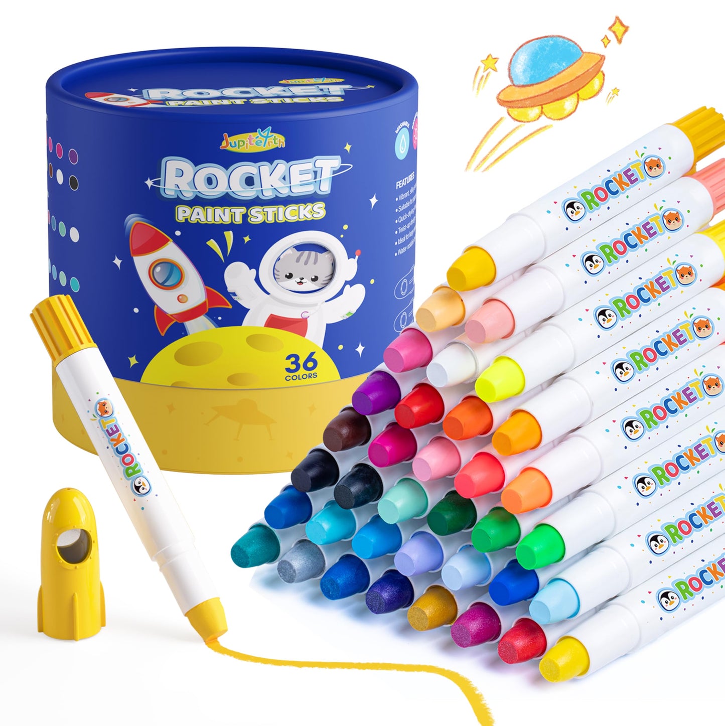 JUPITEARTH 36 Colors Tempera Paint Sticks – Washable, Quick-Dry for Kids