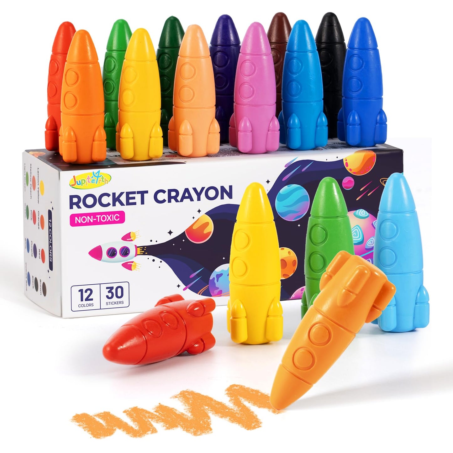 JUPITEARTH 12 Colors Crayons for Toddlers – Non-Toxic, Washable, Rocket-Shaped, Mess-Free