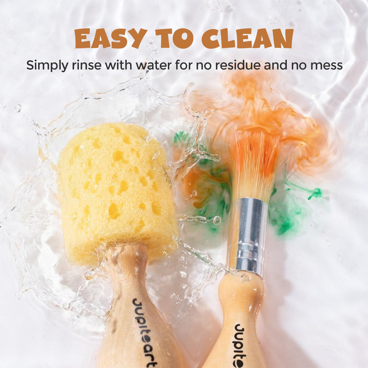 JUPITEARTH Jumbo Kids Paint Brushes – 6 Pcs Easy-Grip Round & Sponge Brushes with Natural Wood Handles