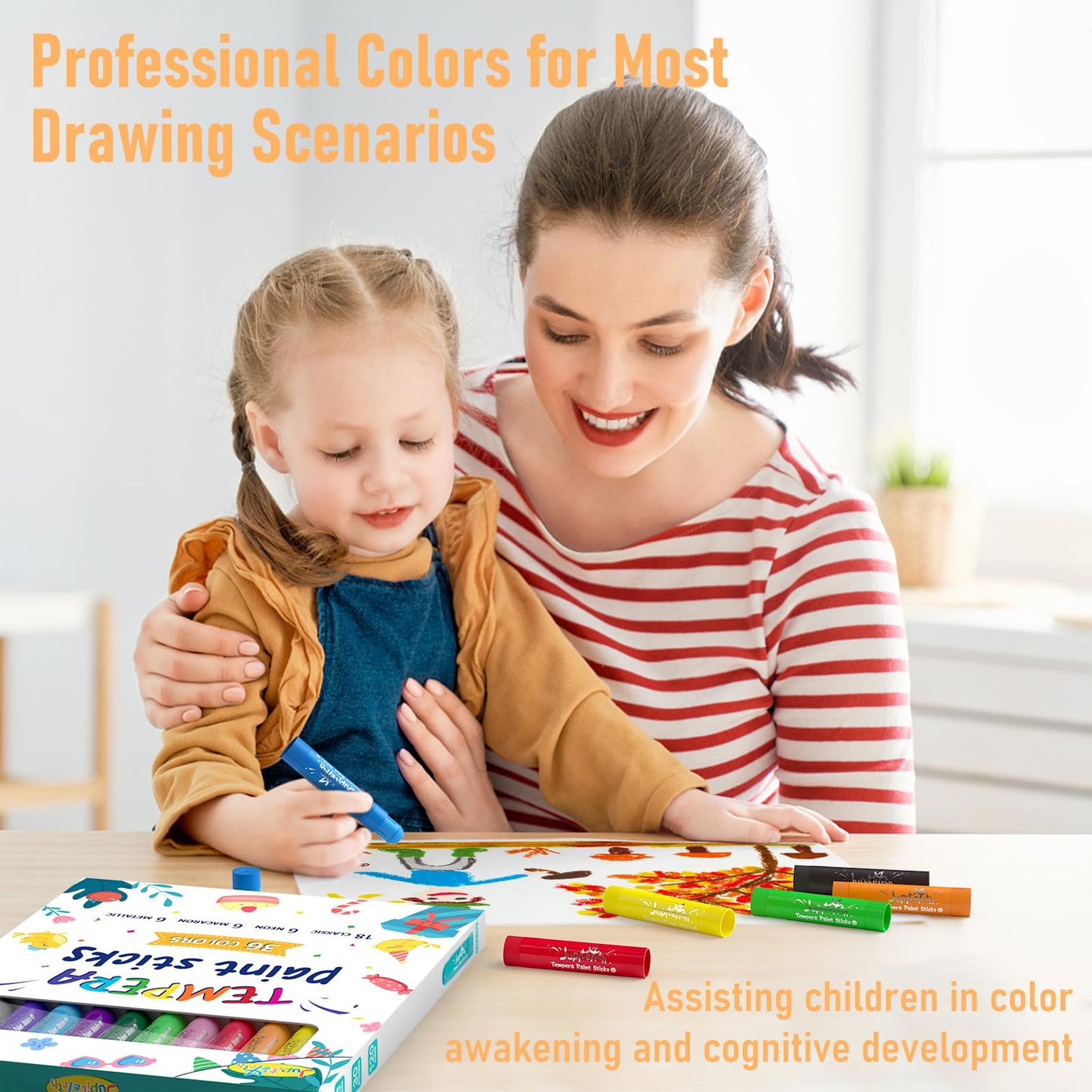 JUPITEARTH 36 Colors Tempera Paint Sticks with 120 PDF Coloring Pages & 30 Stickers – Quick-Dry, Non-Toxic, Washable