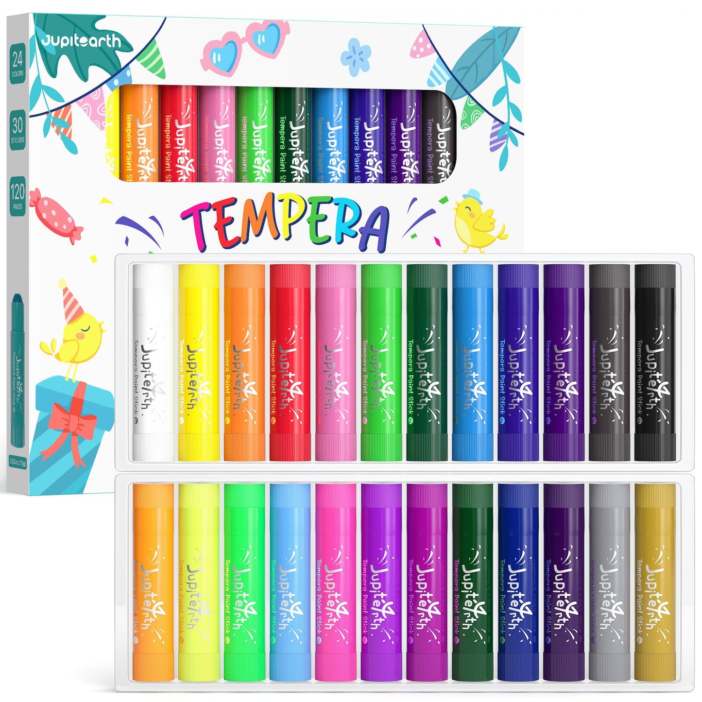 JUPITEARTH 24 Colors Tempera Paint Sticks – Quick-Dry, Non-Toxic & Washable
