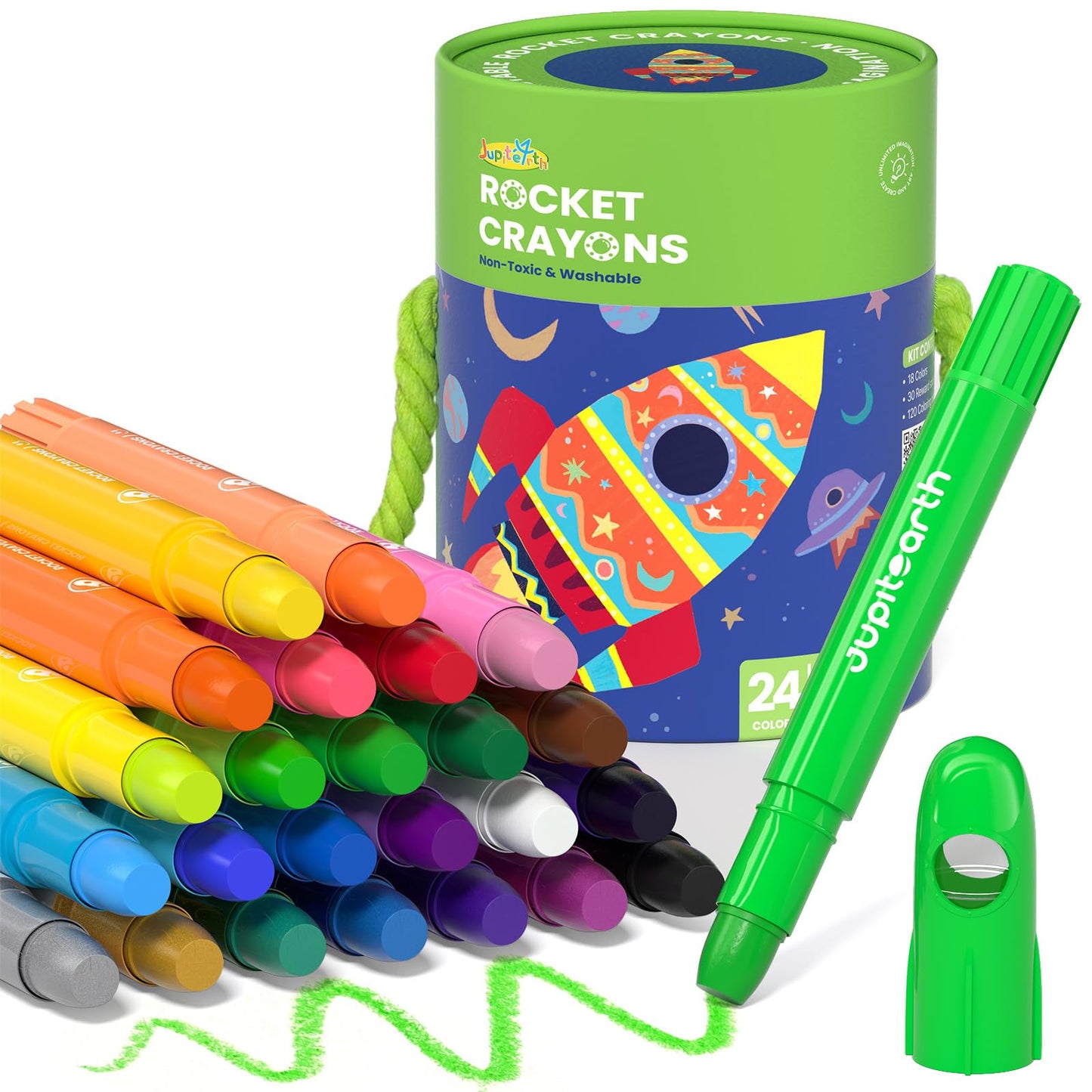 JUPITEARTH 24 Colors Twist Crayons for Toddlers – Non-Toxic, Washable, Easy-Grip with Storage Bucket