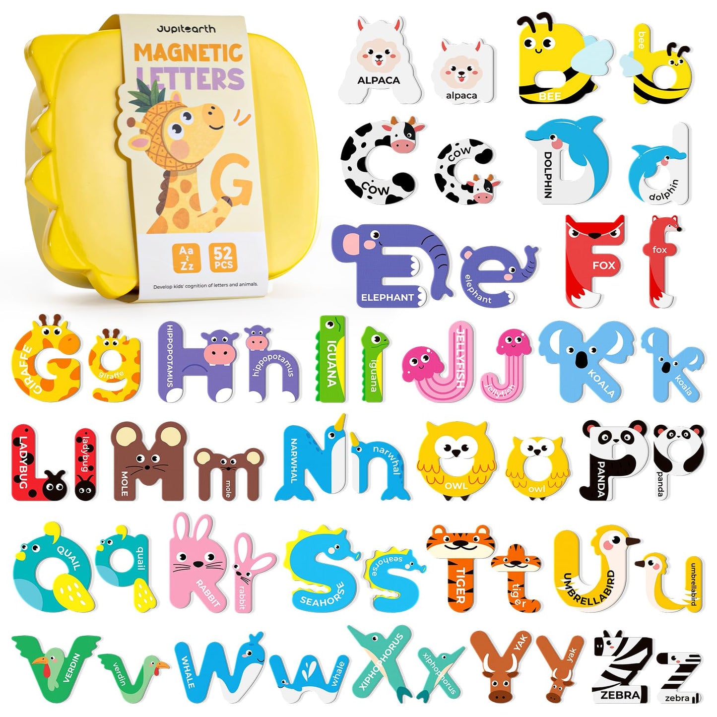 JUPITEARTH 52 PCS Magnetic Letters — Large Animal Alphabet Magnets for Fridge, Choke-Proof Toddler Learning