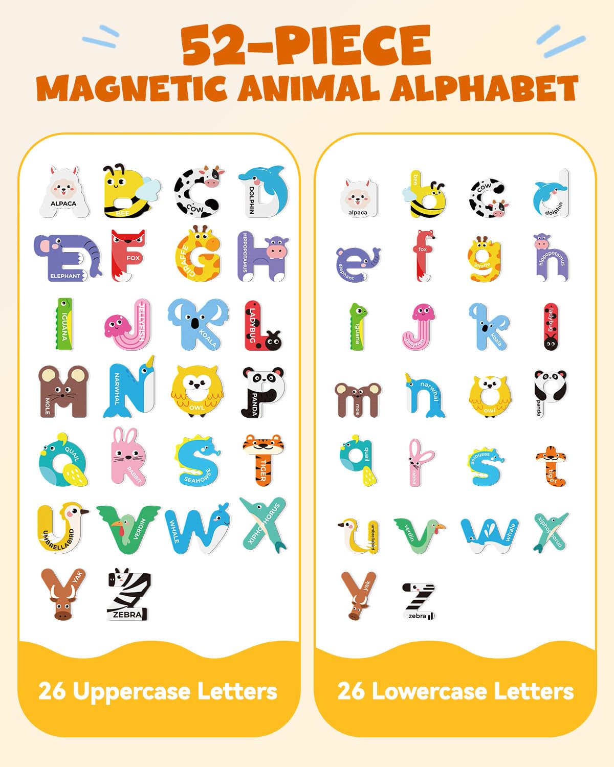JUPITEARTH 52 PCS Magnetic Letters — Large Animal Alphabet Magnets for Fridge, Choke-Proof Toddler Learning