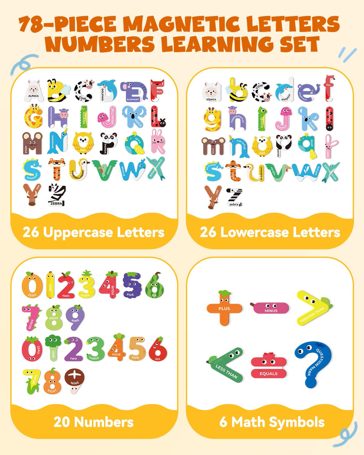JUPITEARTH 78 PCS Magnetic Letters – Large Animal Alphabet Magnets for Fridge (Uppercase & Lowercase)