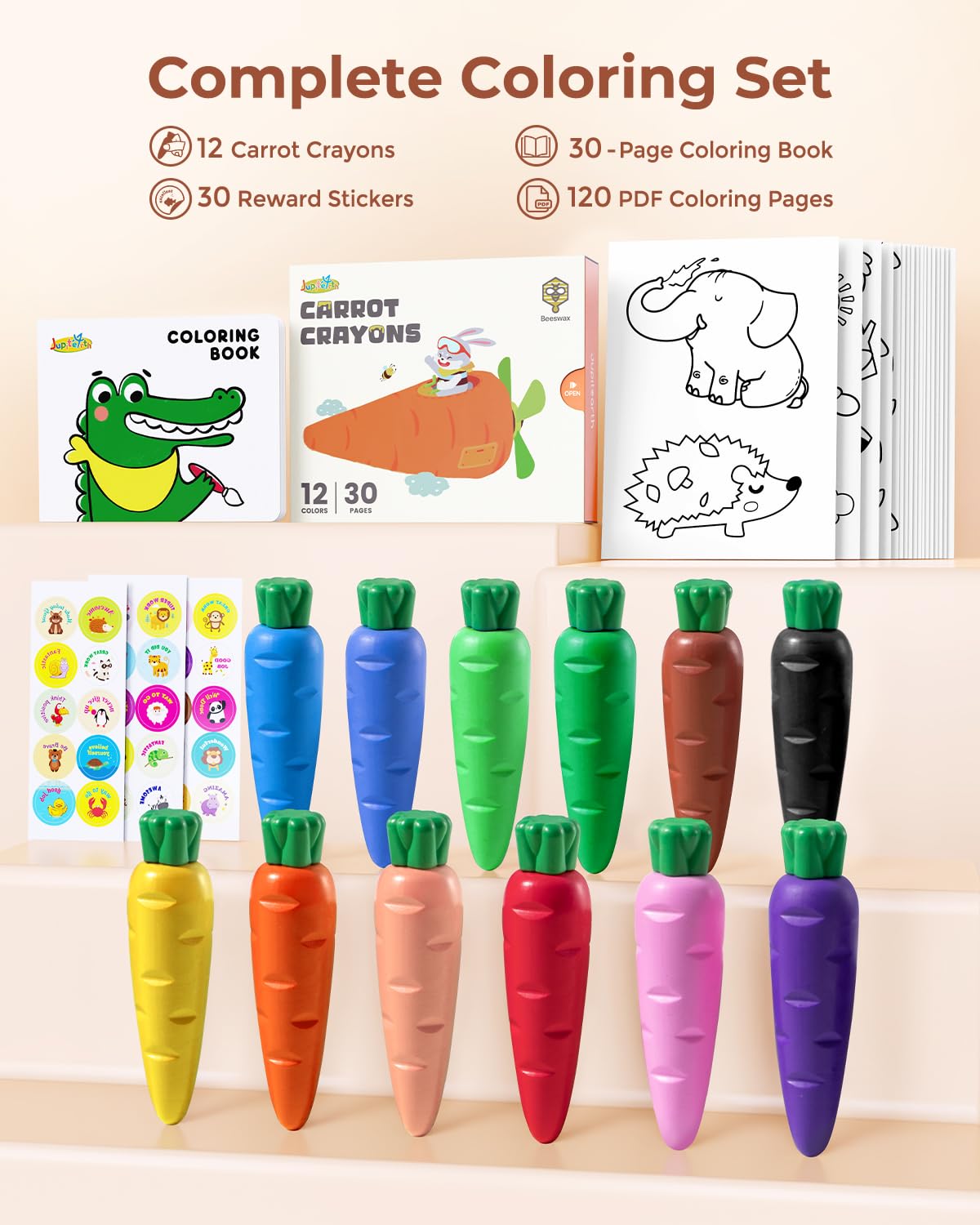 JUPITEARTH Carrot-Shaped Crayons for Kids 4–8 (12 Colors) – Mess-Free Color Play with Coloring Book + 120 PDF Pages