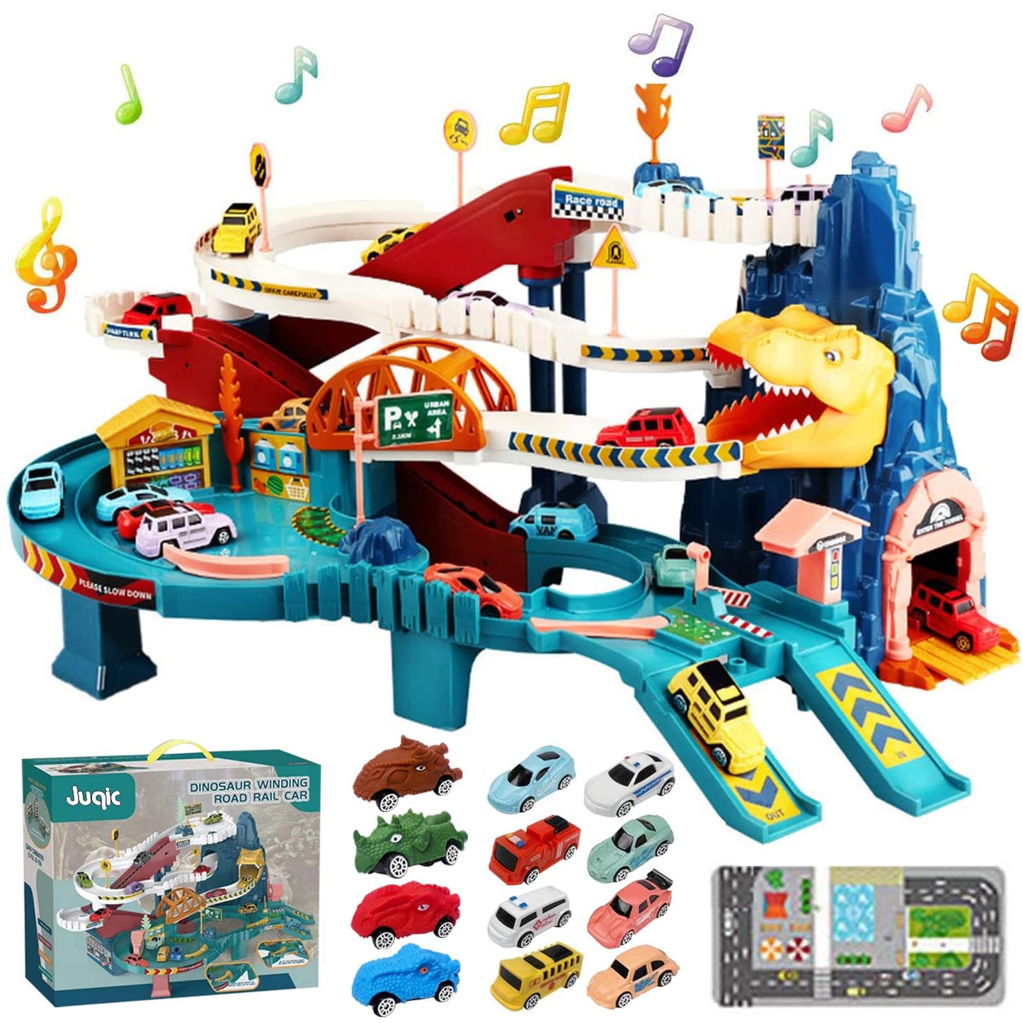 Juqic Dinosaur Hill Toy Car Ramp Track – 12 Mini Cars, Colorful Preschool Play Set
