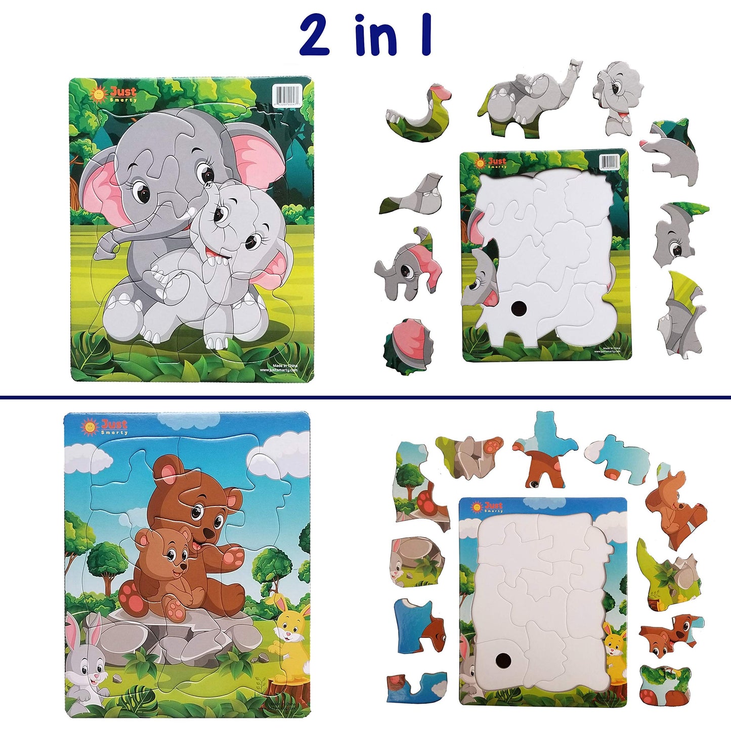 Just Smarty Preschool Jigsaw Puzzles - Set of 2 (10-Piece Elephant & 11-Piece Bear) with Tray | Ages 3-5 | Level 3