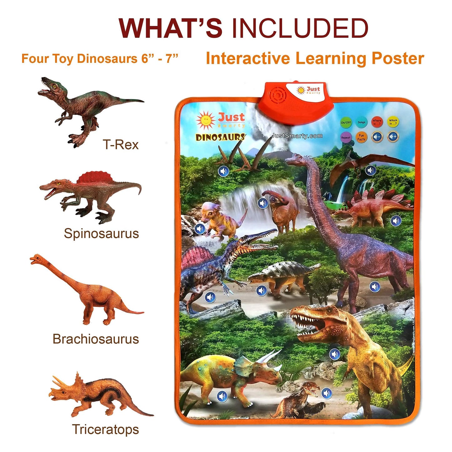 Just Smarty Interactive Dinosaur Learning Poster – Engaging Dinosaur Toys for Kids 3-5 | Includes 4 Figures and Sounds | Party Favors