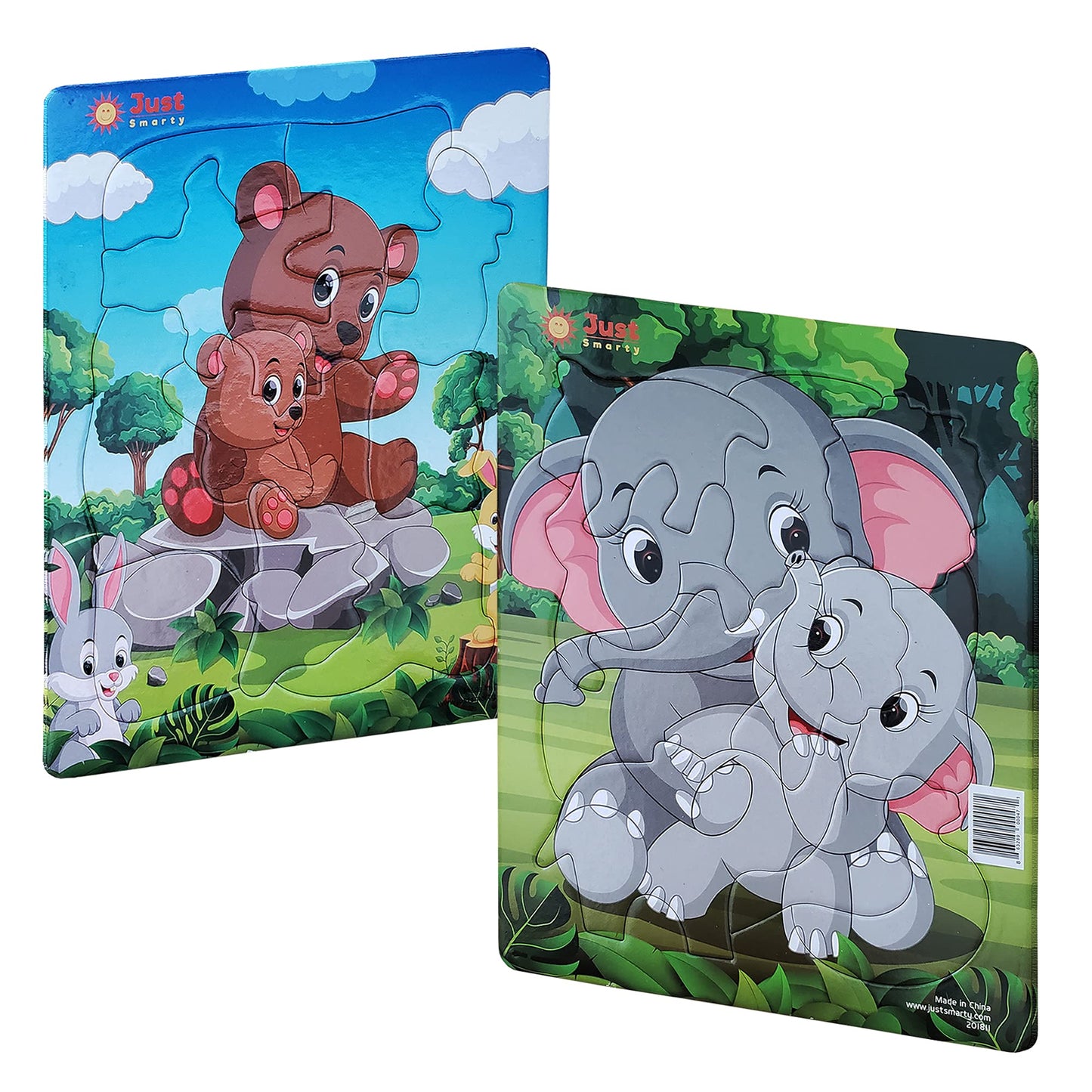 Just Smarty Preschool Jigsaw Puzzles - Set of 2 (10-Piece Elephant & 11-Piece Bear) with Tray | Ages 3-5 | Level 3